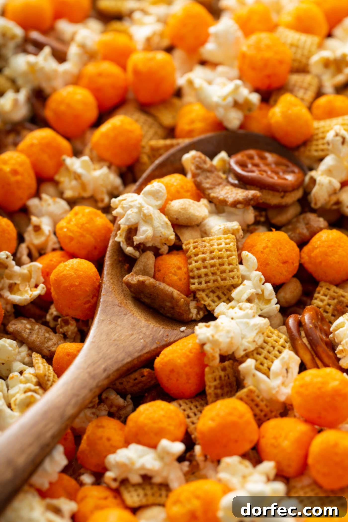 A wooden spoon expertly scoops a generous portion of March Madness snack mix, revealing a delightful blend of popcorn, cheese balls, Chex cereal, and pretzels in a harmonious medley.