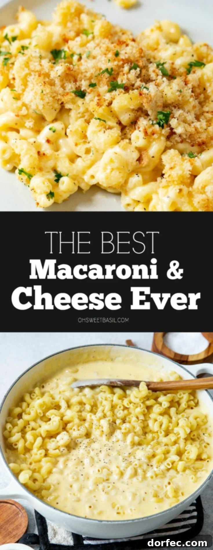 The Only Mac and Cheese Recipe You'll Ever Need 3 A serving of the best macaroni and cheese on a dinner plate. There are two forks in the background and a container of pepper next to the plate.