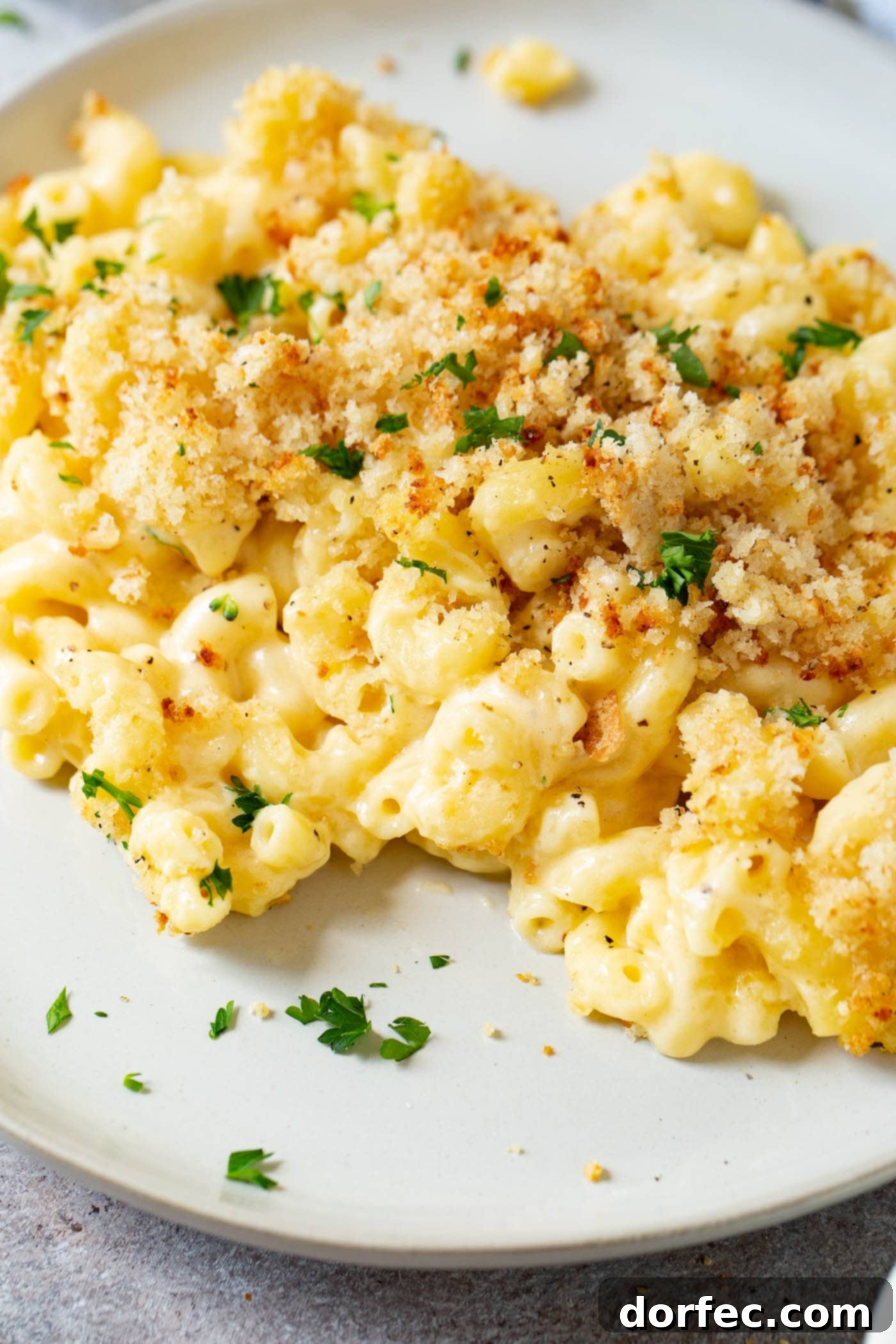 Best Macaroni and Cheese Ever Easy homemade macaroni and cheese on a dinner plate. It is topped with browned bread crumbs.