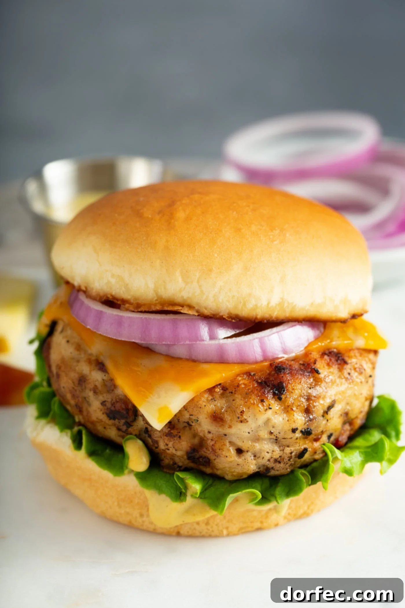 A grilled chicken burger on a bun. It includes lettuce, cheese, and sliced red onion. There is another chicken burger in the background.