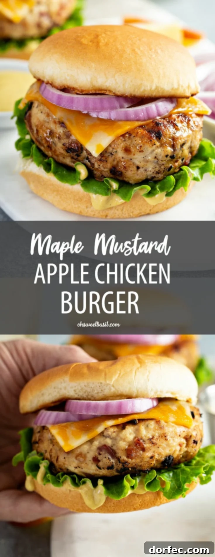 A maple mustard chicken burger on a bun with lettuce, cheese and onions. There is a plate of sliced red onions in the background.
