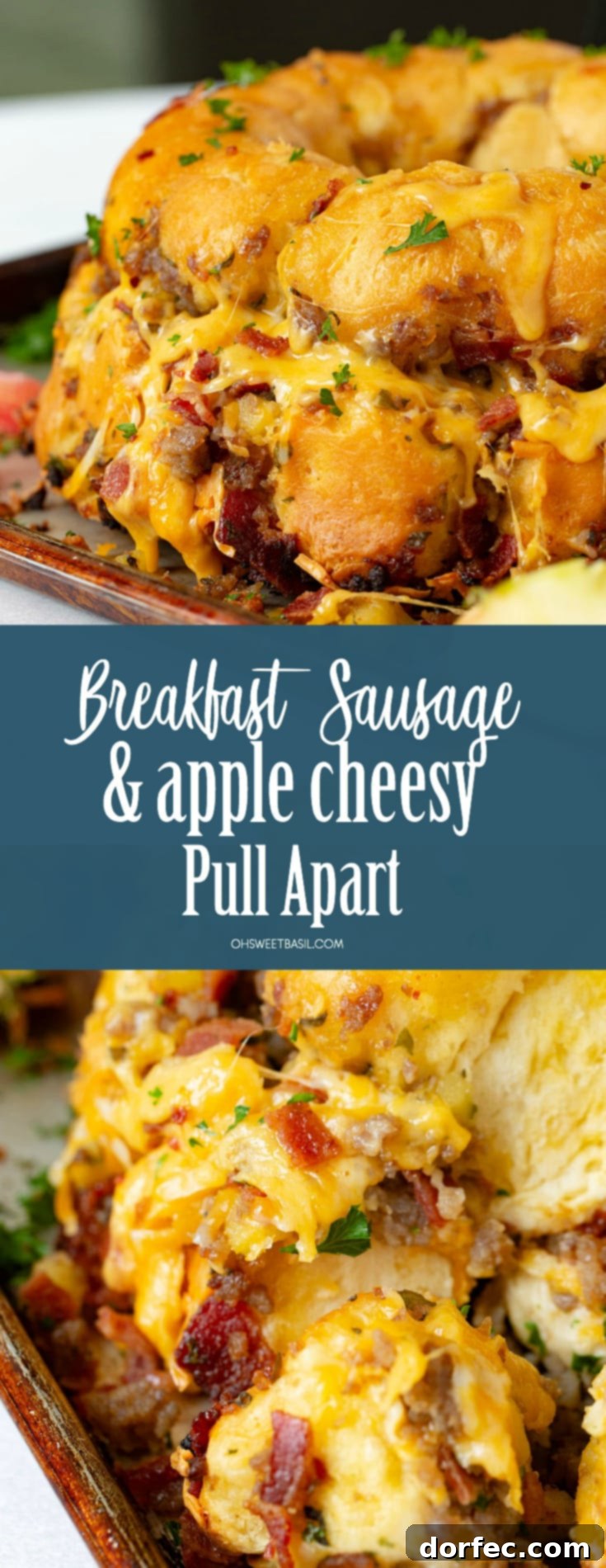 Golden Cheesy Breakfast Sausage and Apple Pull Apart 2 Large platter of golden-brown Breakfast Cheesy Pull Apart Bread, showing a piece being pulled away, revealing melted cheese, savory sausage, crispy bacon, and tender apple pieces.