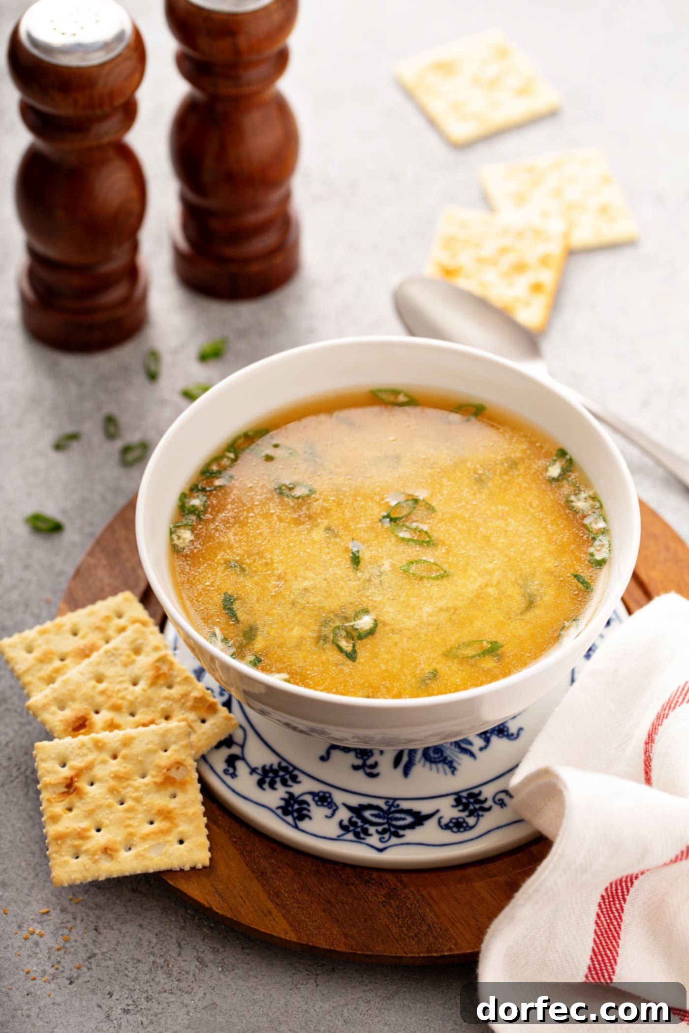 Easy Egg Drop Soup A saucer holding a bowl of egg drop soup with sliced onions in the soup. There are saltine crackers on the saucer and wooden salt and pepper shakers and more saltines in the background