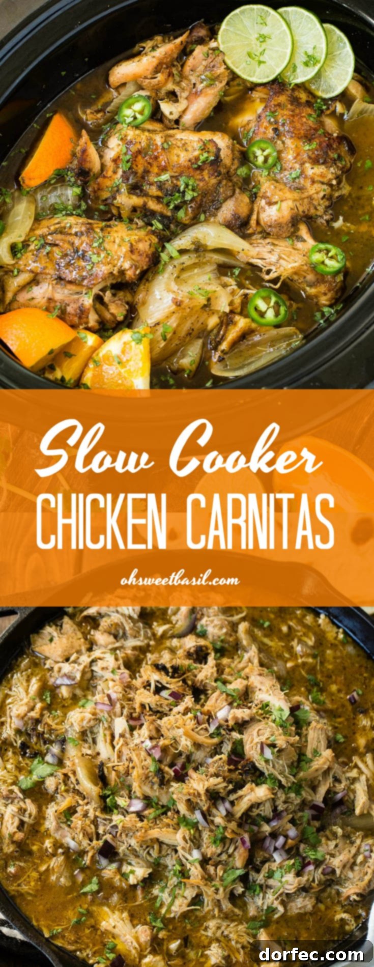 A photo of juicy crispy chicken carnitas in a cast iron skillet garnished with chopped cilantro and diced red onion.
