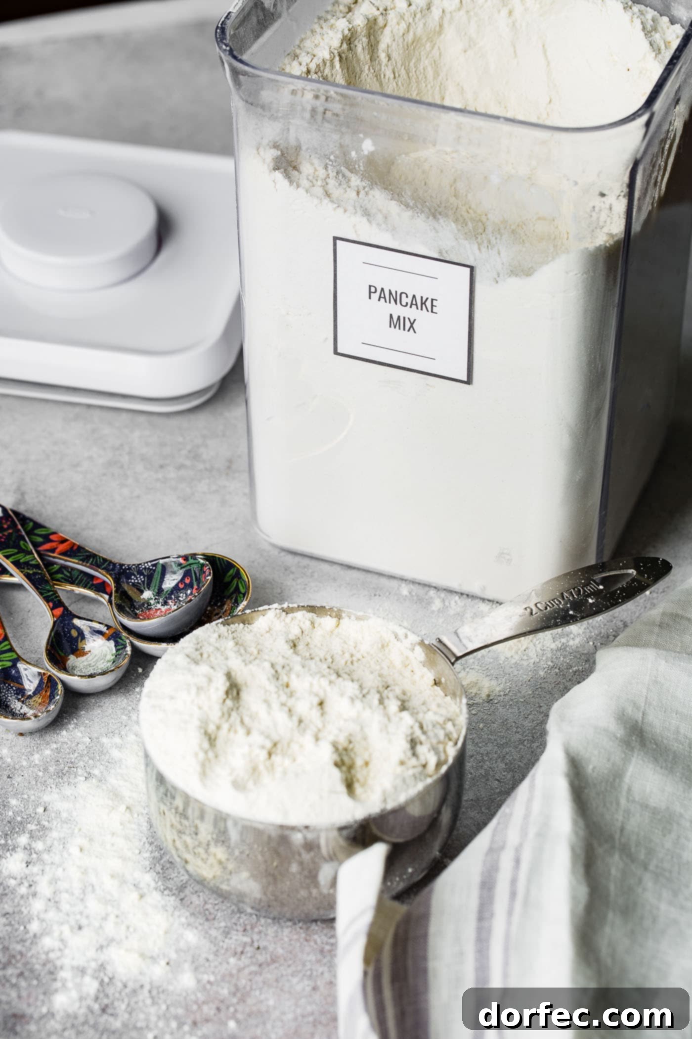 A heaping cup of all-purpose flour sits on a wooden table, surrounded by metal measuring spoons. An open canister of flour is visible in the soft background, suggesting a kitchen setting ready for baking. The scene evokes a sense of homemade goodness and culinary preparation.