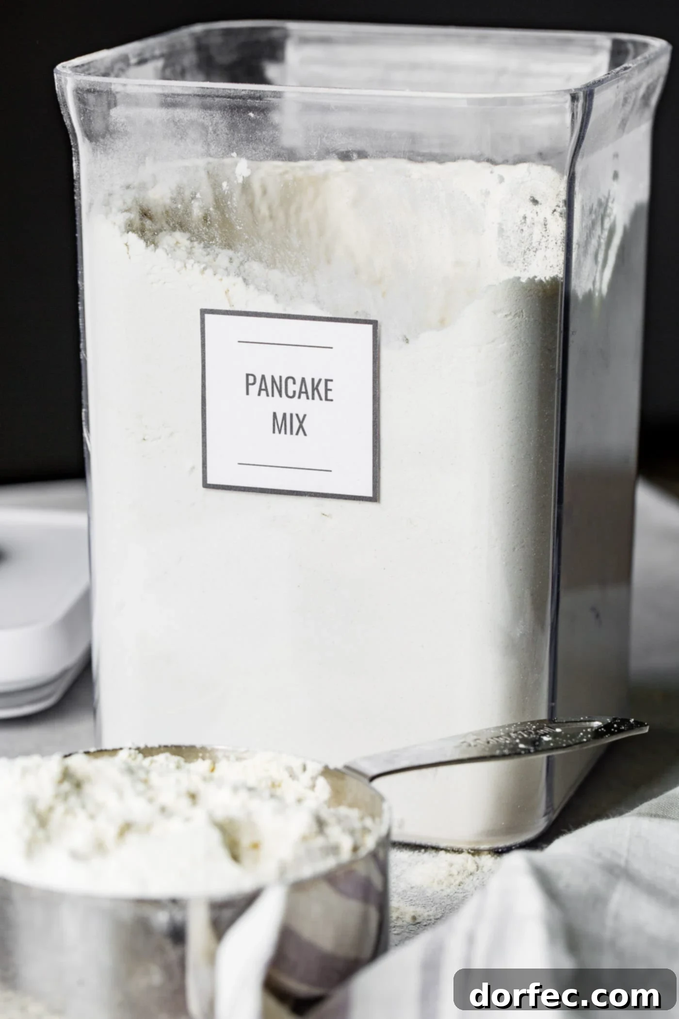 A clear glass canister filled with homemade buttermilk pancake mix. The lid rests beside it on a wooden surface, with a measuring cup overflowing with the dry mix in the foreground. The image emphasizes freshness and convenience.