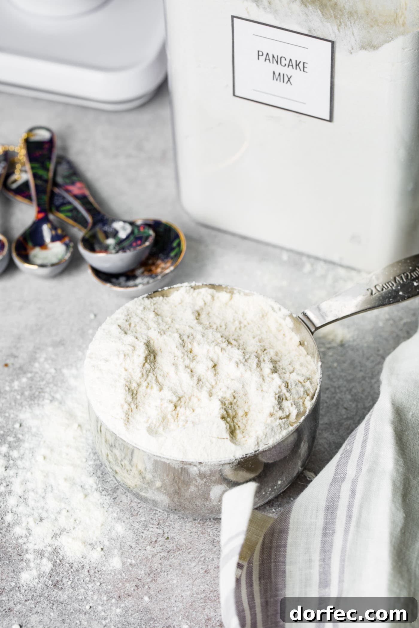A metal measuring cup is filled to the brim with homemade pancake mix, signifying readiness for use. In the background, there are more metal measuring spoons and a clear canister of buttermilk pancake mix, highlighting the convenience of a prepared mix.