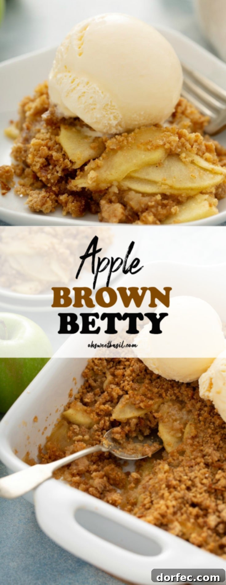 A close-up of a single serving of Apple Brown Betty in a glass dessert dish, showcasing the layers of tender apple slices and a rich, brown breadcrumb topping. The dessert is crowned with a single scoop of creamy vanilla ice cream. A fork rests on the white plate next to the dish, while fresh green apples and a baking dish with more of the dessert are softly blurred in the background.