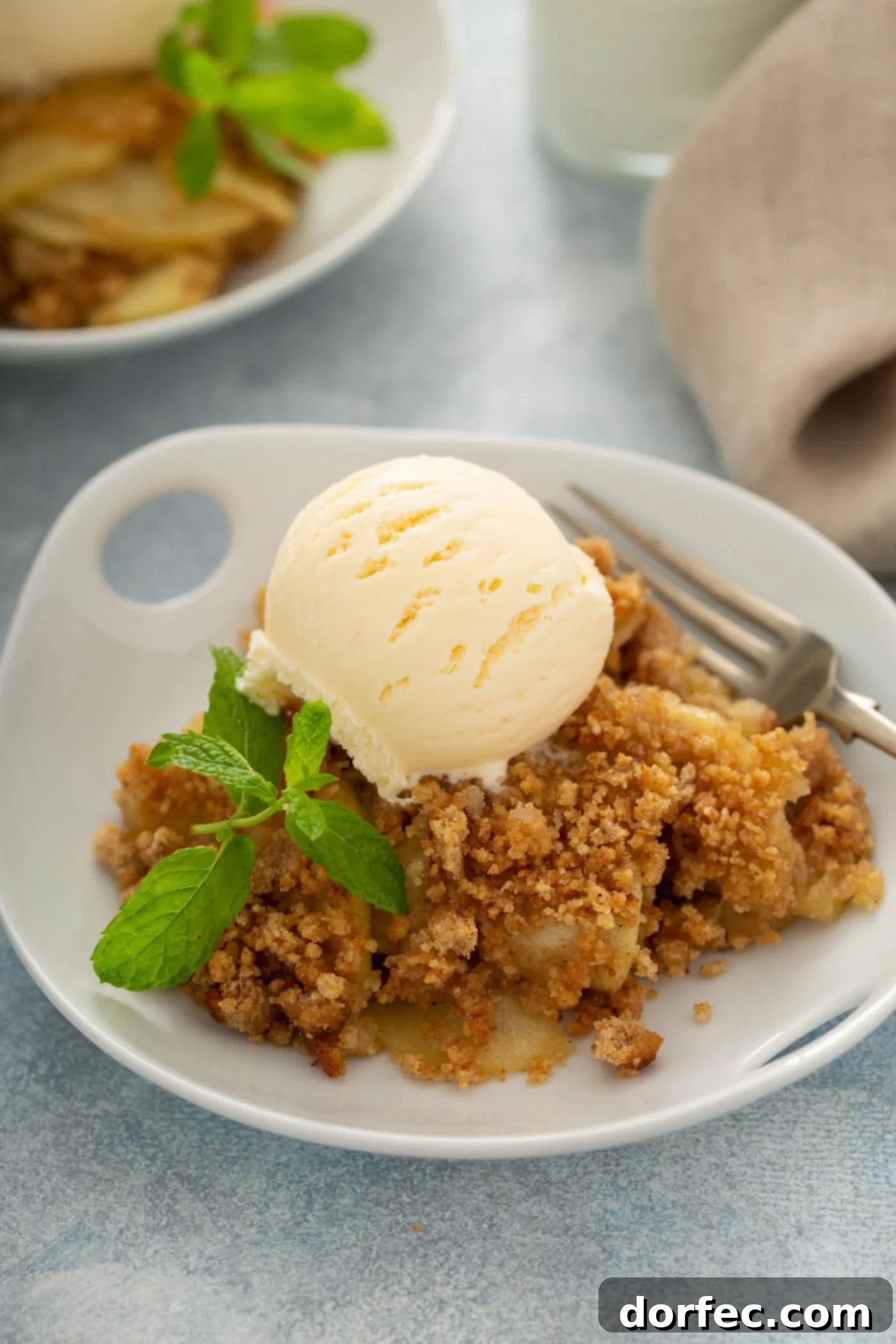 Apple Brown Betty served on a dessert plate. The dessert is generously topped with a scoop of creamy vanilla ice cream and garnished with a sprig of fresh peppermint. A fork is placed on the plate, ready for indulgence, with another serving of the dessert artfully blurred in the background.