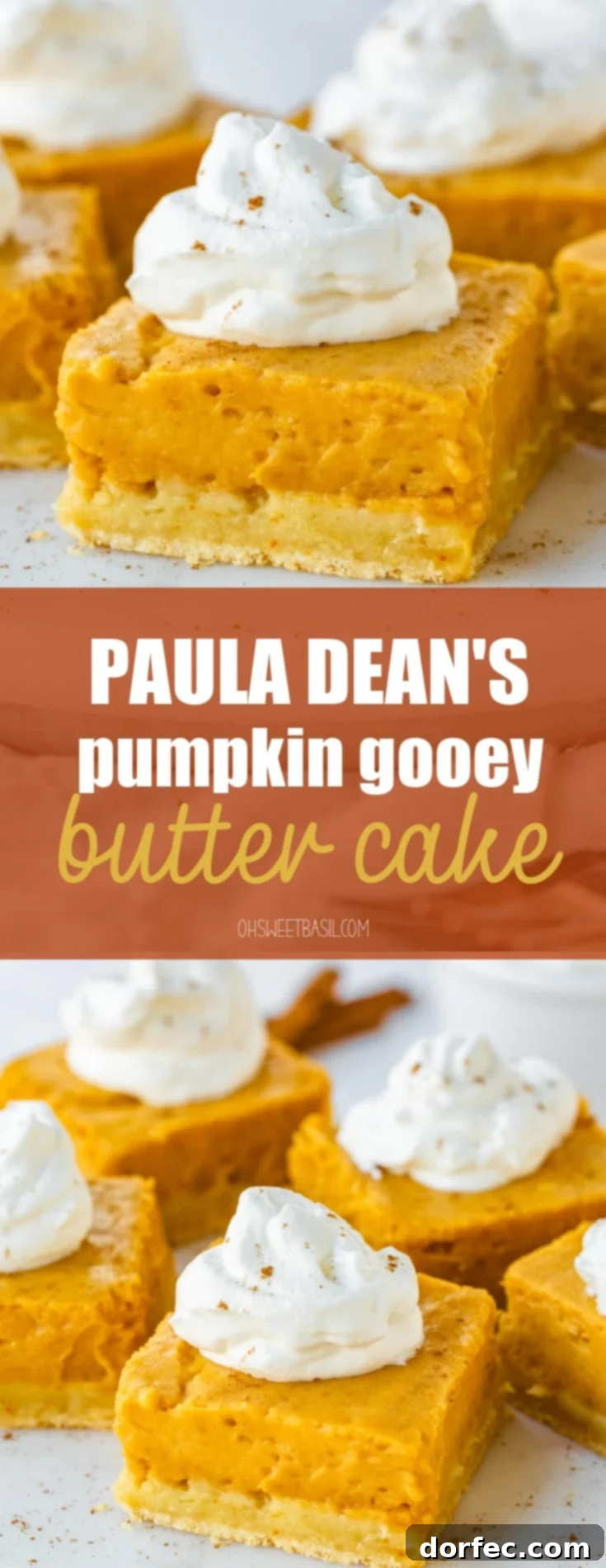 Paula Deen's Decadent Pumpkin Gooey Butter Cake 3 Several pieces of pumpkin butter cake cut into squares and topped with dollops of whipped cream and sprinkled with cinnamon.