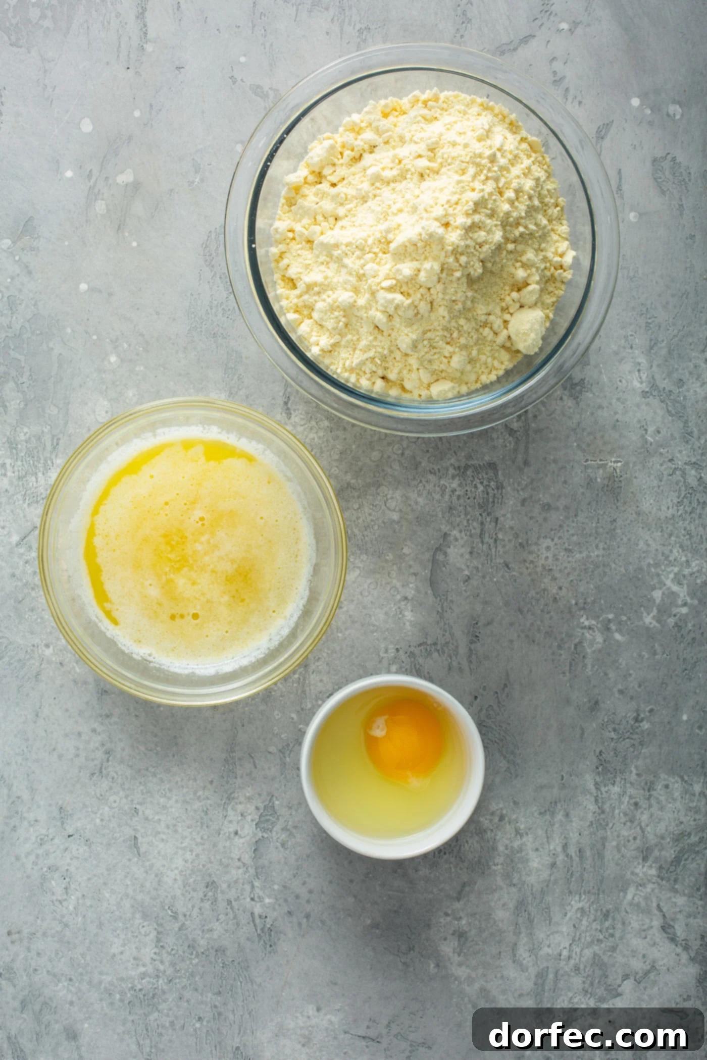 Essential Ingredients for the Perfect Gooey Butter Cake Crust A table holding three bowls containing cake mix, melted butter, and an egg removed from the shell, ready for baking Paula Deen's Pumpkin Gooey Butter Cake.