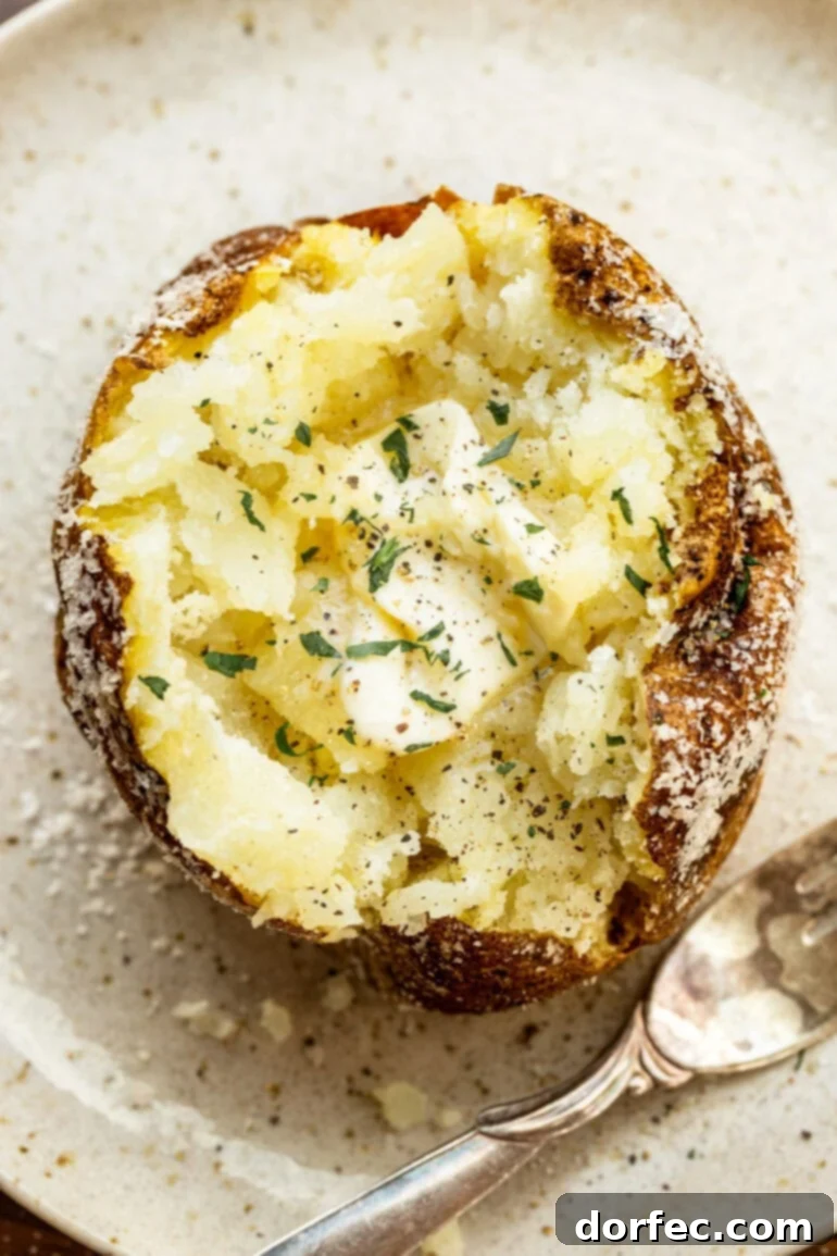 Fluffy Inside, Crispy Outside: The Best Oven Baked Potatoes 2 a photo of a baked potato that has been split open and squished up topped with melting butter and a sprinkle of fresh herbs