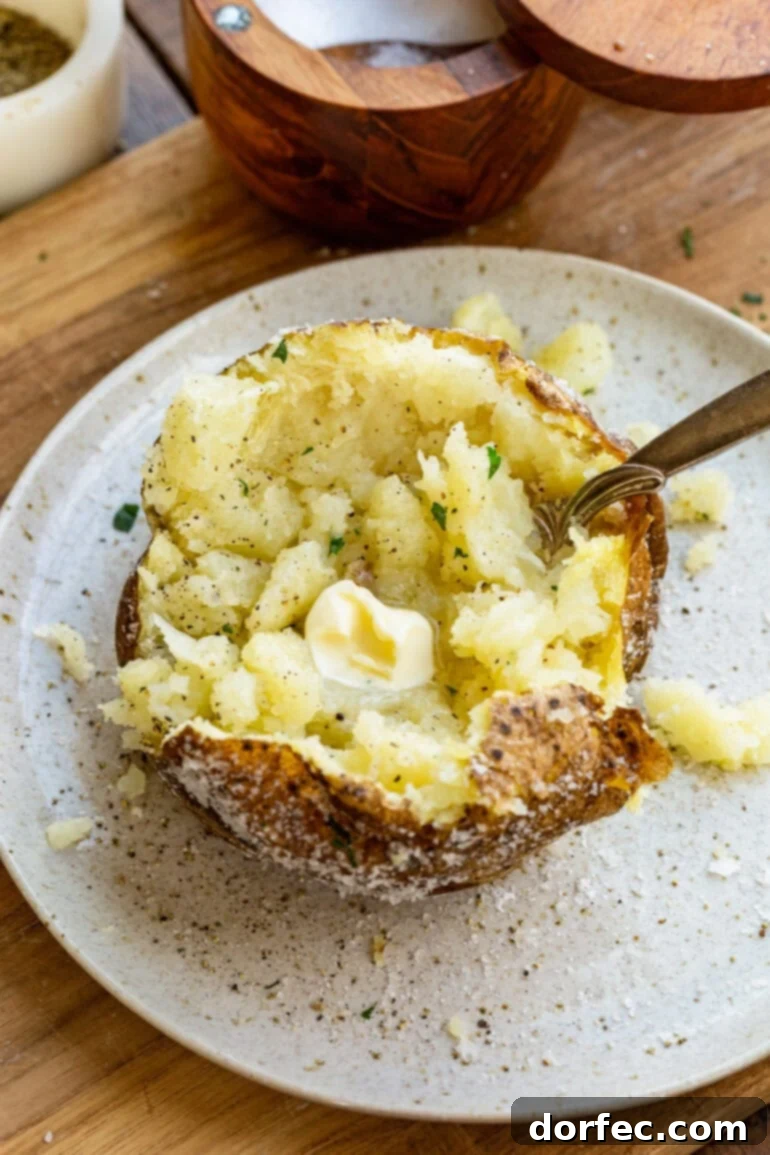 Fluffy Inside, Crispy Outside: The Best Oven Baked Potatoes 8 a photo of a baked potato sliced open and squished with a fork sticking into it and a pat of butter melting into it