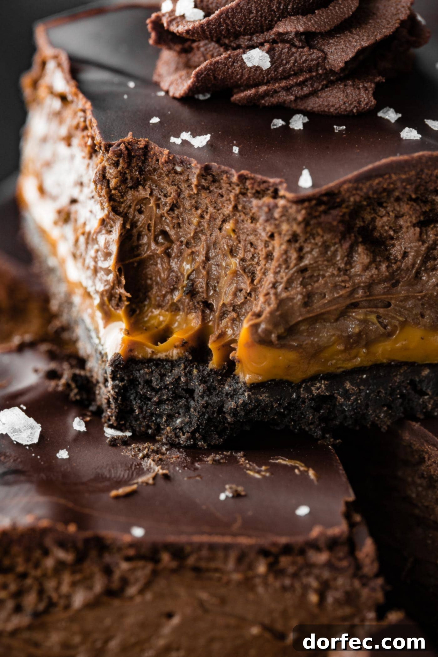 A close up image of layered cocoa cream cheese dessert with a bite taken out, showcasing the rich chocolate and creamy dulce de leche layers.