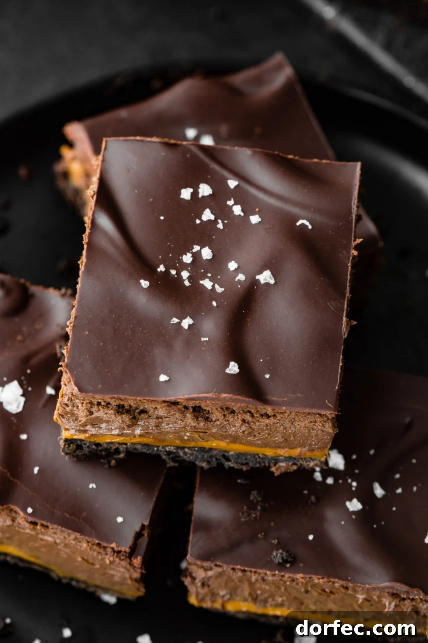 A top view of a layered decadent dessert bar with a hardened chocolate topping and flaky sea salt, ready to be enjoyed.