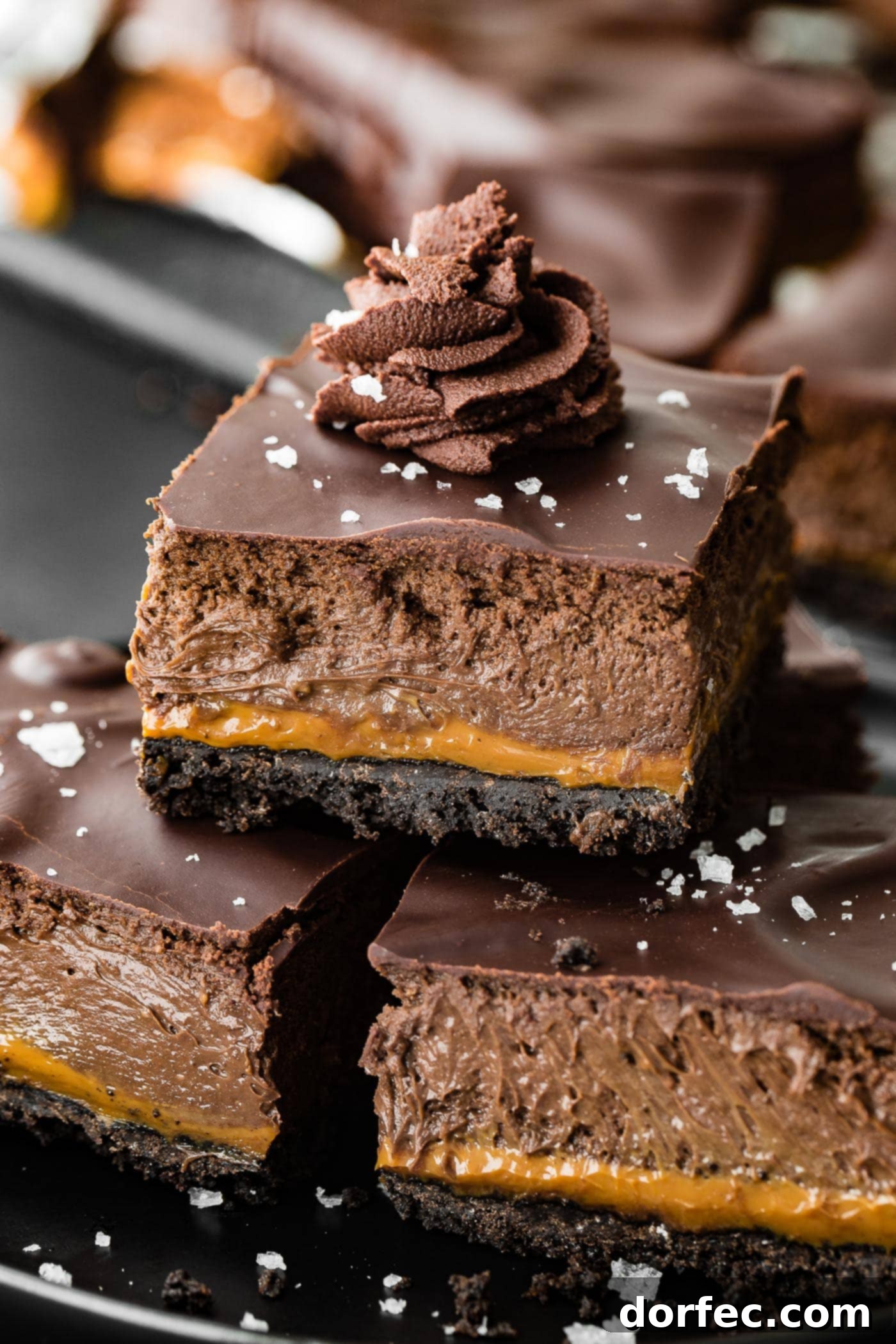 A close up side profile of three creamy, rich, and dense chocolate cheesecake bars with flaky salt, showcasing the layers.