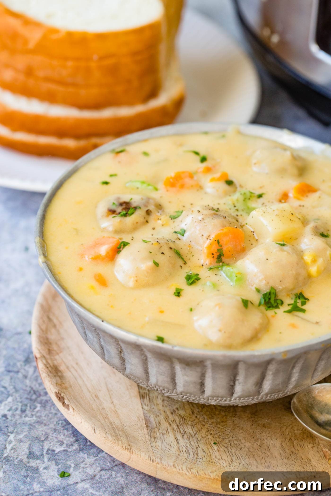 A steaming metal bowl overflowing with creamy cheesy meatball soup, adorned with fresh herbs, alongside thick slices of white bread, ready for dipping. A perfect comfort meal.