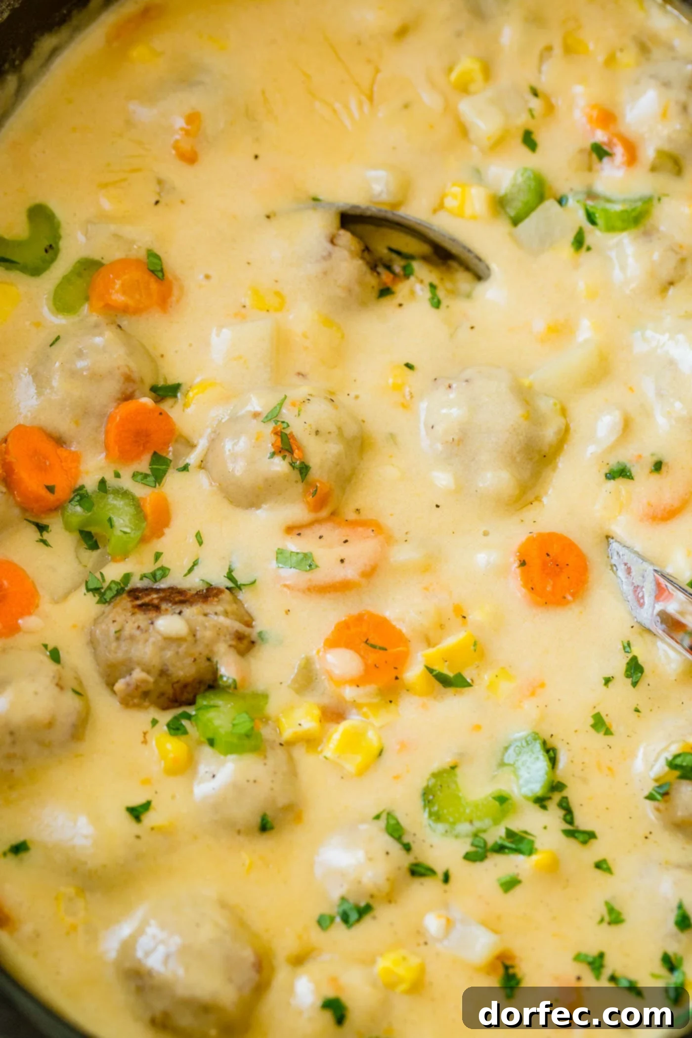 A slow cooker brimming with a rich and cheesy meatball soup, featuring tender meatballs and a colorful array of vegetables including carrots, potatoes, and celery, promising warmth and flavor.