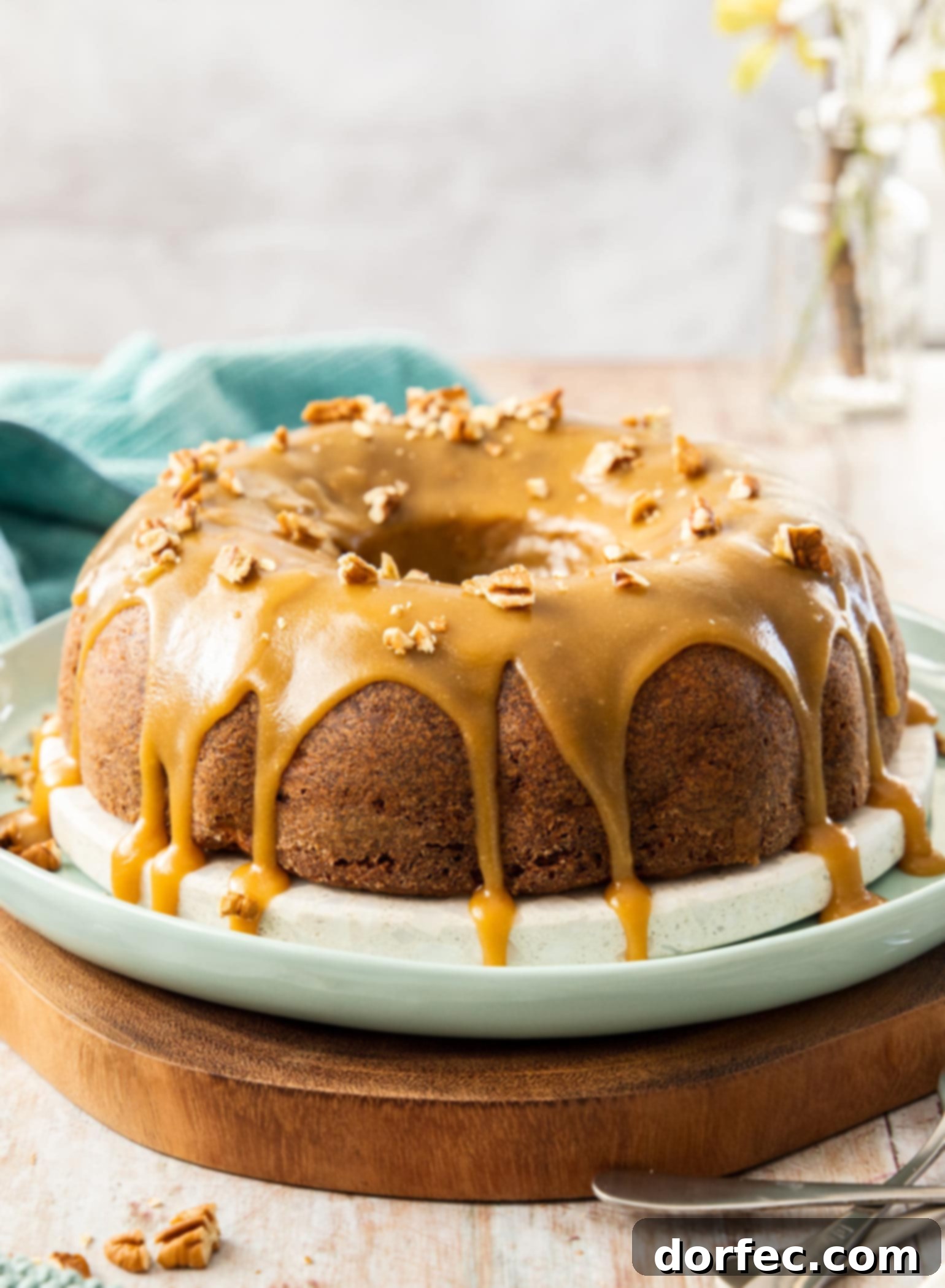 A beautifully drizzled Pecan Apple Bundt Cake with caramel icing on a festive white and green platter, set on a rustic wooden board, ready for fall entertaining.