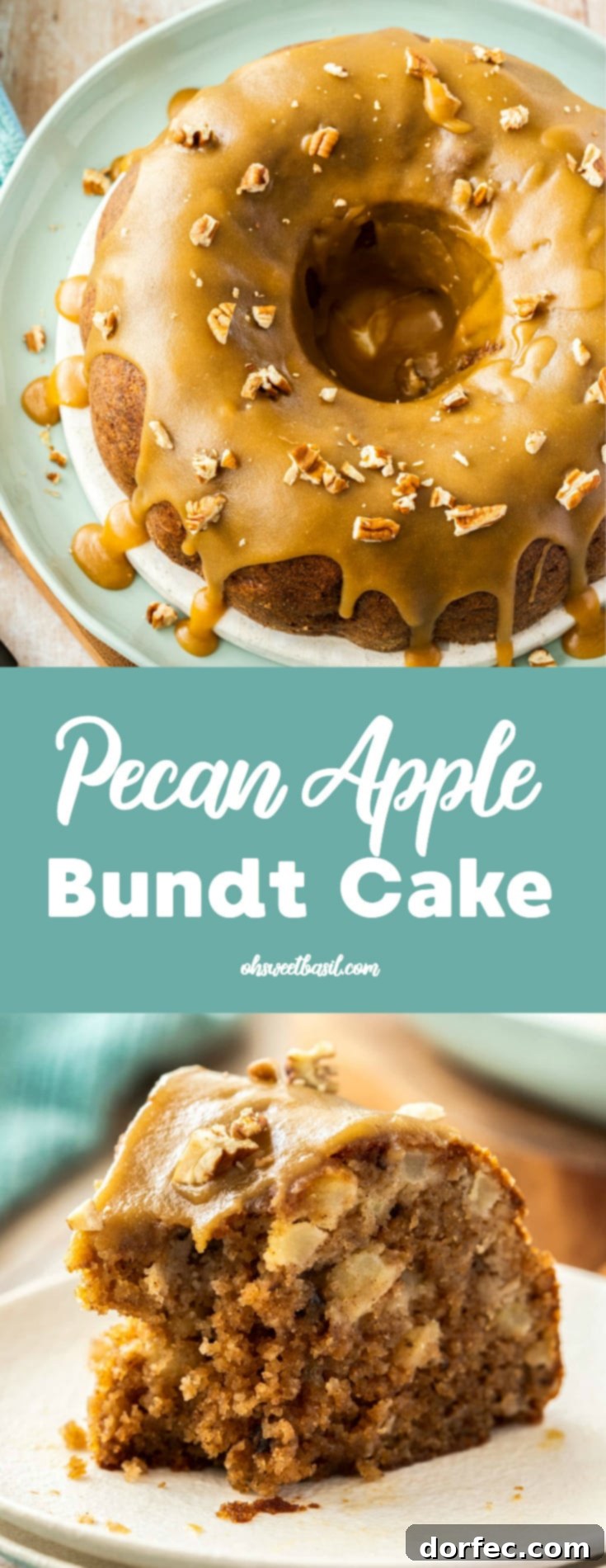 A stunning Pecan Apple Bundt Cake with generous caramel icing, displayed on an elegant white and green platter on a wooden board, highlighting its festive appeal.