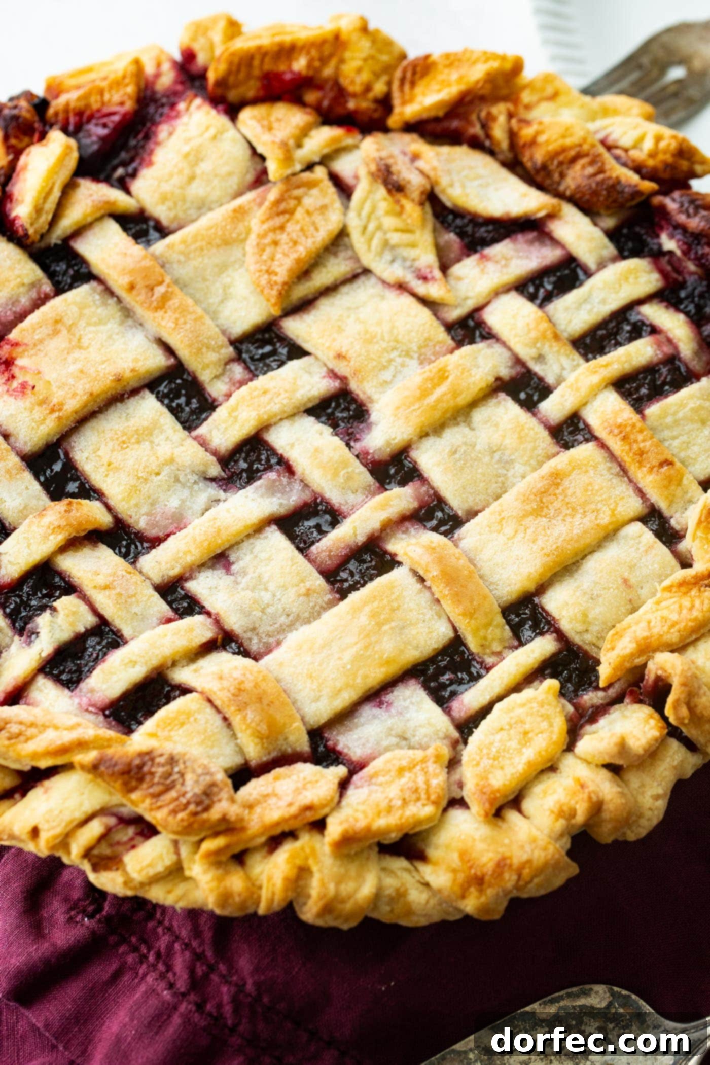 A beautifully crafted lattice-topped Marionberry pie, showcasing its golden crust and juicy berry filling peeking through.