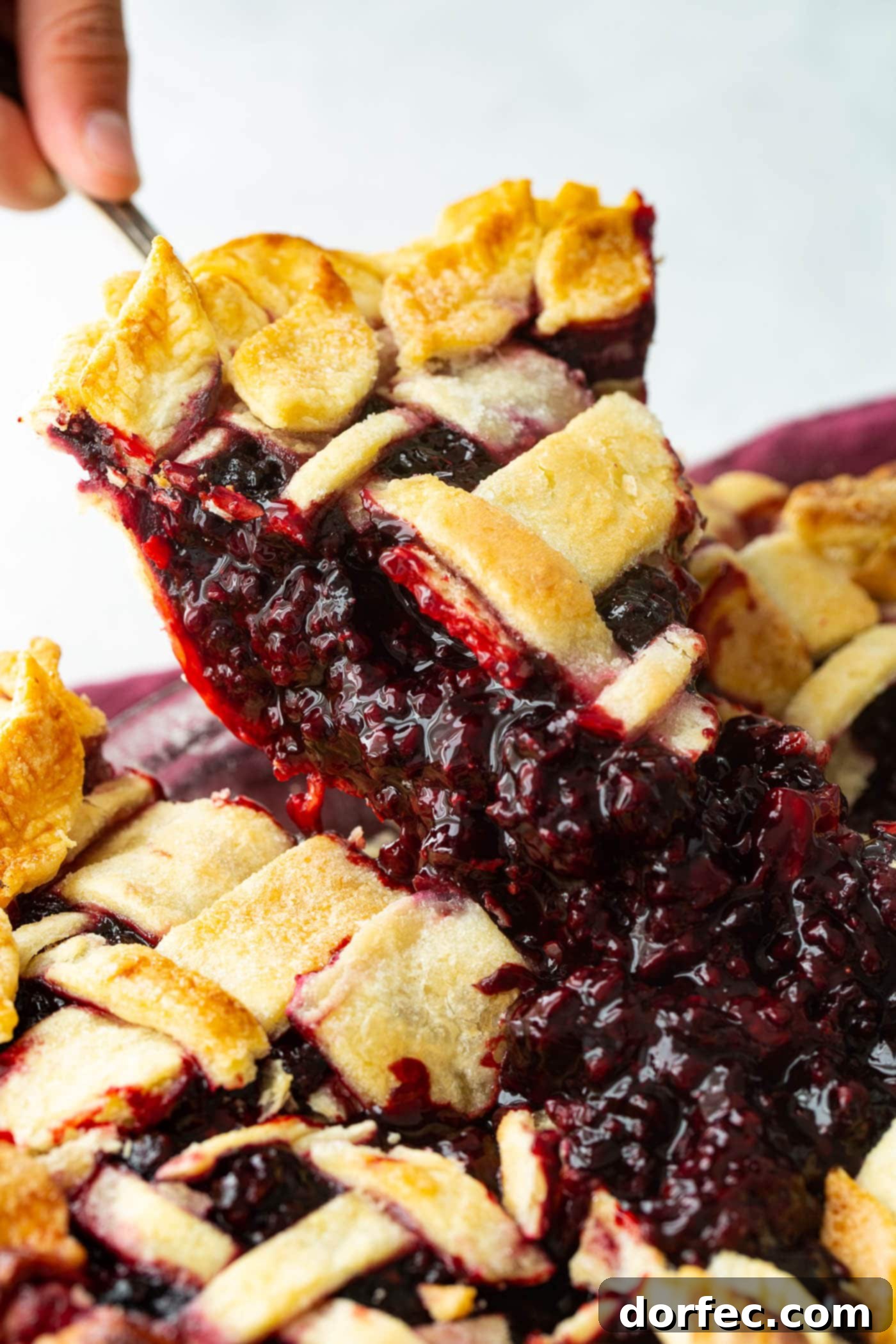A generous slice of Marionberry pie being carefully lifted from the pie dish, revealing its thick, glistening filling.