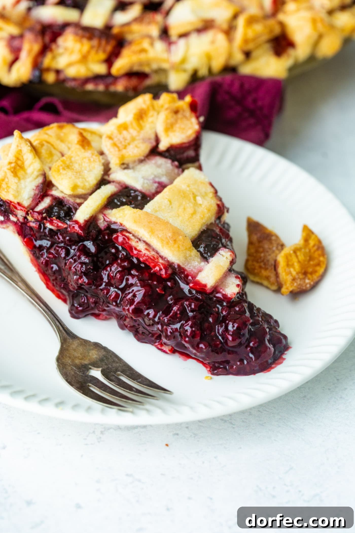 Another beautiful shot of a Marionberry pie slice, highlighting its rich filling and golden crust, ready for a taste.