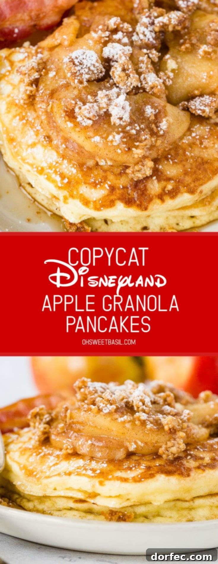 A plate featuring a stack of golden brown pancakes, generously topped with soft cinnamon apples, a sprinkle of crunchy granola, and a delicate dusting of powdered sugar. A rich stream of maple syrup flows over the stack, with a side of perfectly crisp bacon.