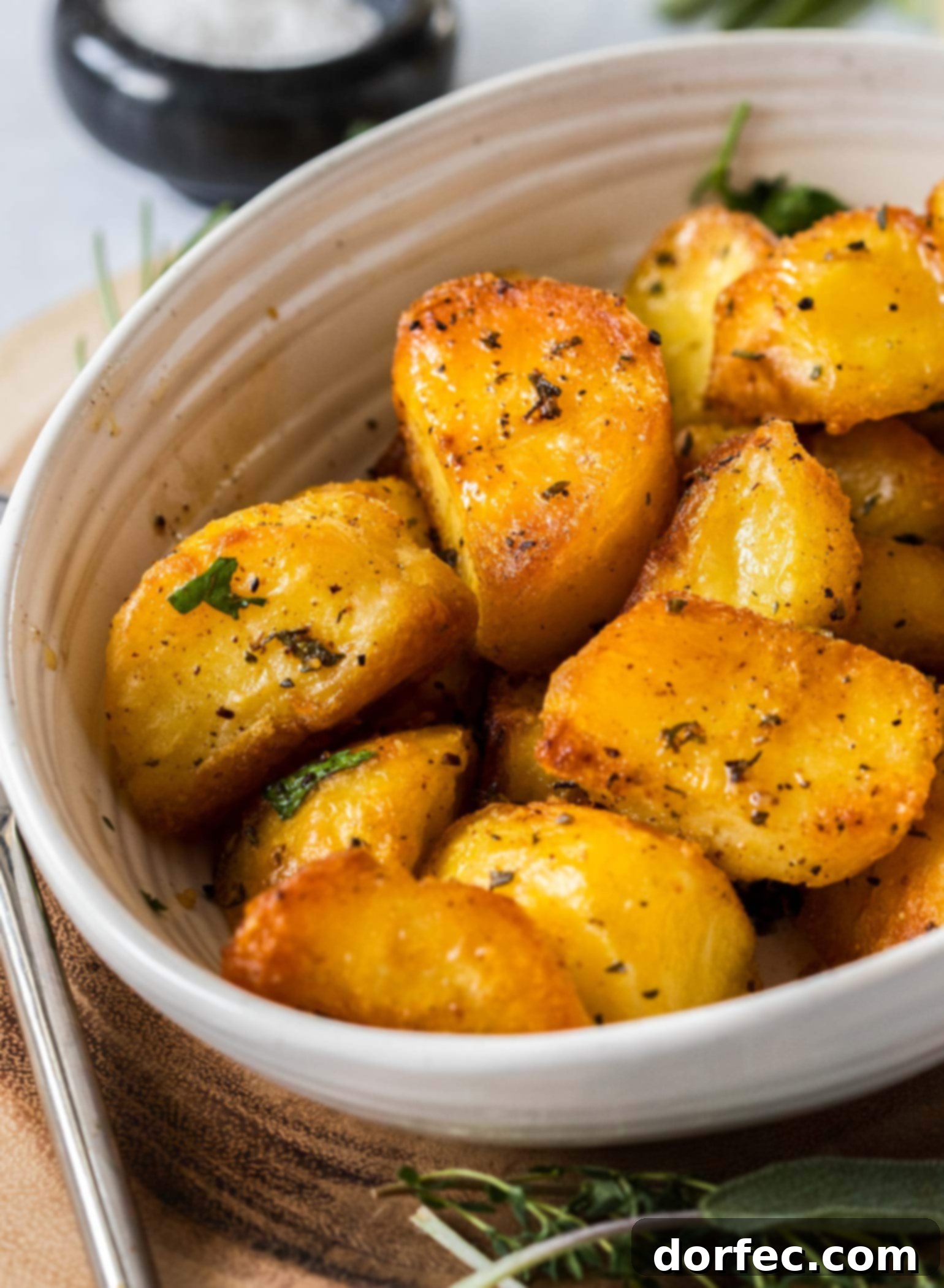 A cream-colored bowl brimming with roasted herb and garlic potatoes, surrounded by vibrant fresh herbs, set against a wooden backdrop.