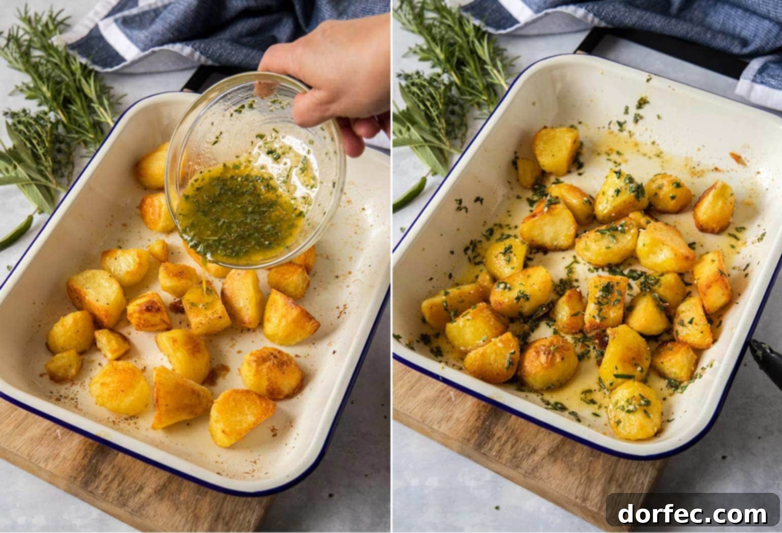 A collage of two photos depicting roasted herb and garlic potatoes in an enamel pan, with melted herb butter being drizzled over them on a wooden board.