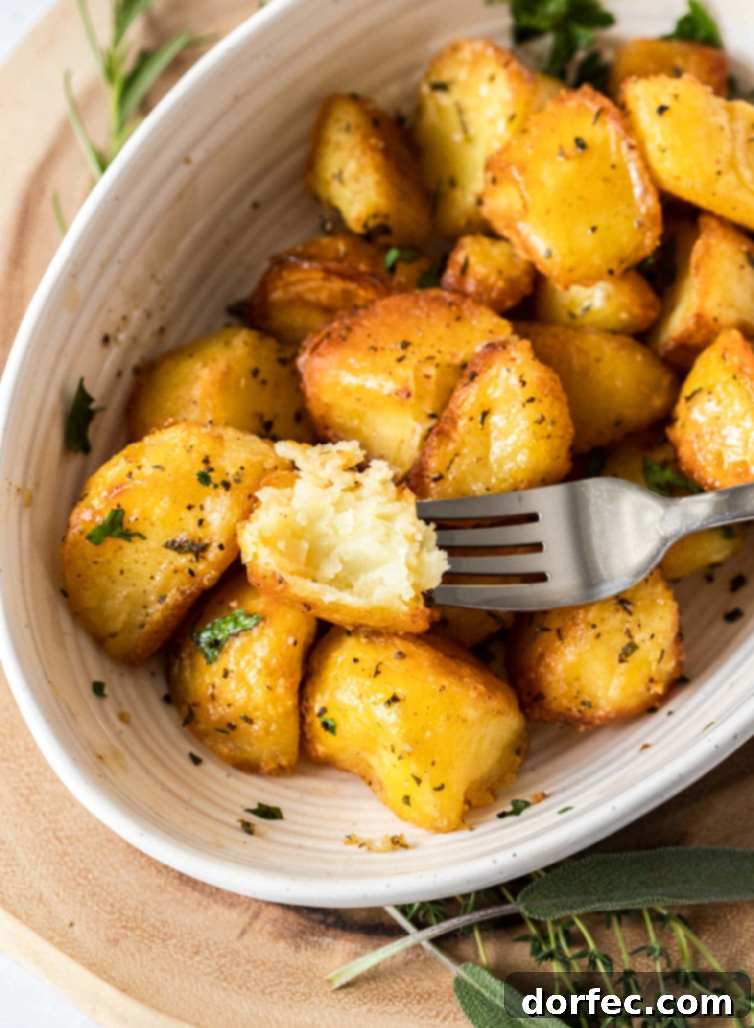 Birdseye view of a cream-colored bowl filled with herb and garlic roasted potatoes, with one potato broken in half on a fork, revealing its fluffy interior.
