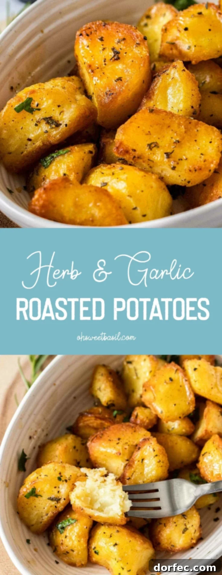A cream-colored bowl filled with fragrant herb and garlic roasted potatoes, beautifully arranged with fresh herbs, on a wooden board.