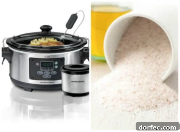 A Hamilton Beach slow cooker alongside Real Salt, highlighting essential tools for tender shredded beef.