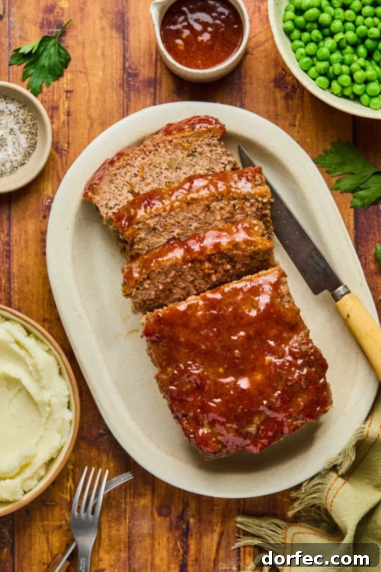 A beautifully baked whole meatloaf on a serving platter, with several slices already cut, revealing its moist and tender interior.