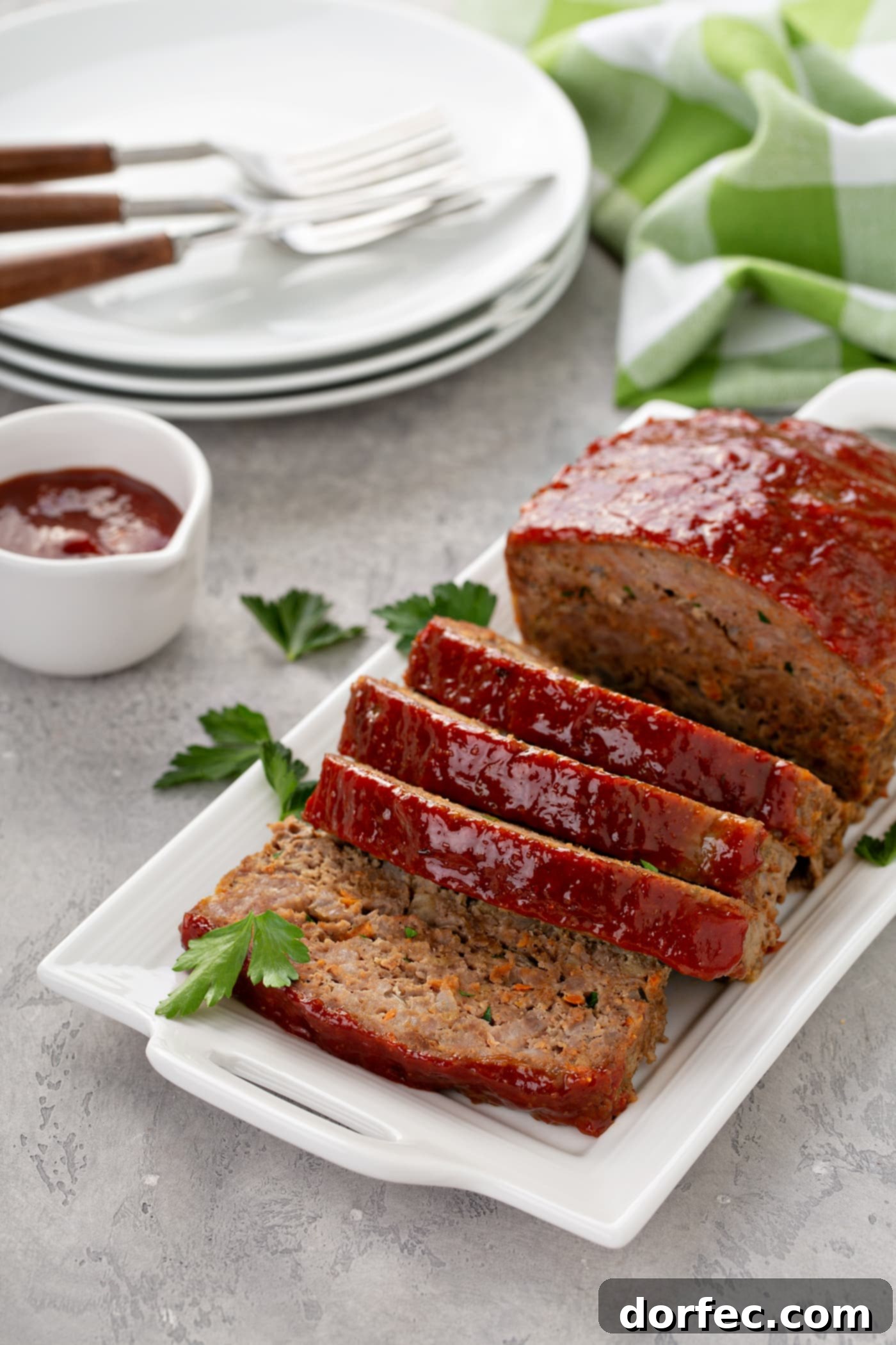 A warm, inviting scene with a partially sliced meatloaf on a tray, artfully sprinkled with parsley. A small bowl of glaze sits beside it, and a stack of white dinner plates with forks awaits in the background.