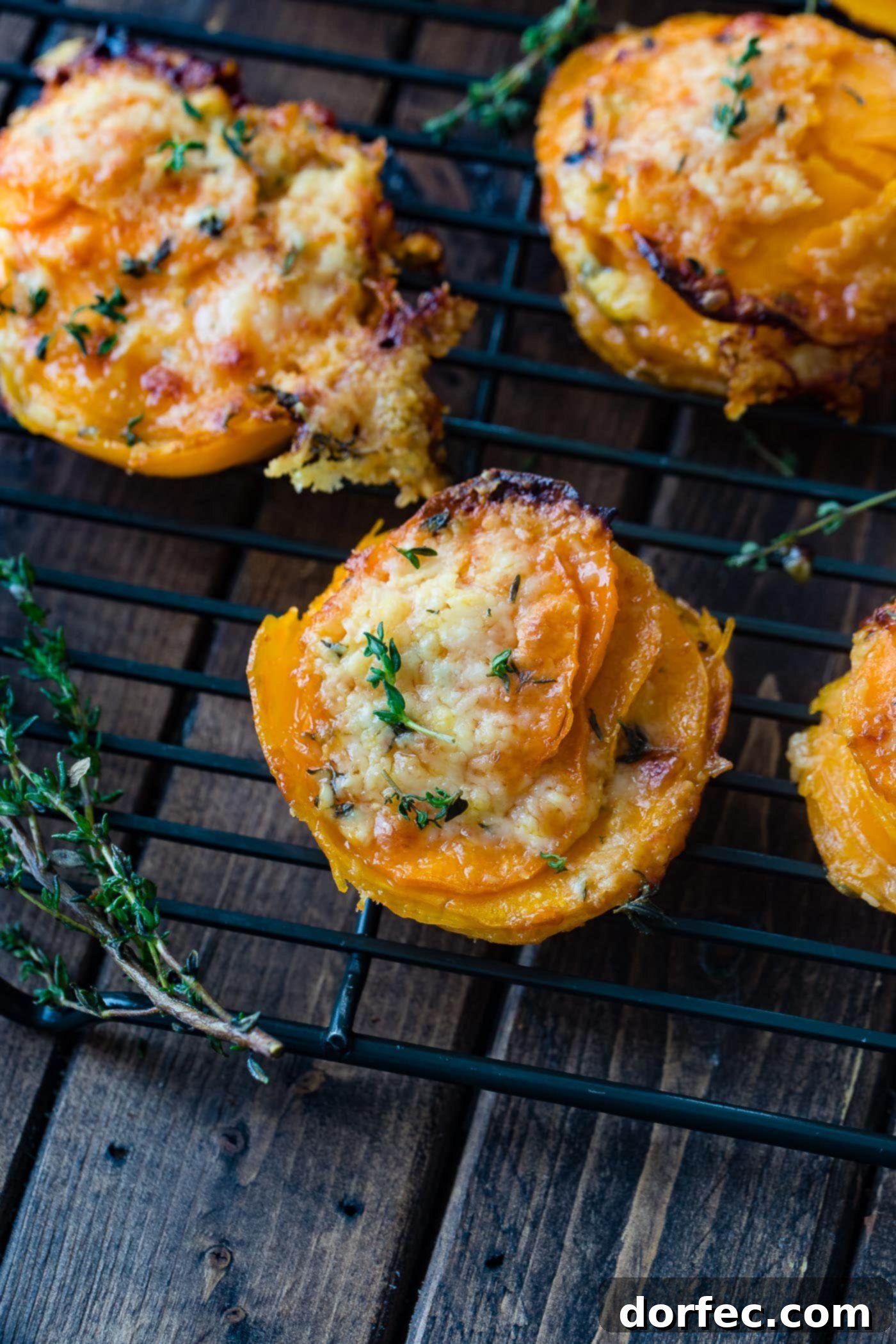 Cheesy Gruyere Sweet Potato Stacks A photo of a sweet potato stack sitting on a wire cooling rack taken from above garnished with fresh time.