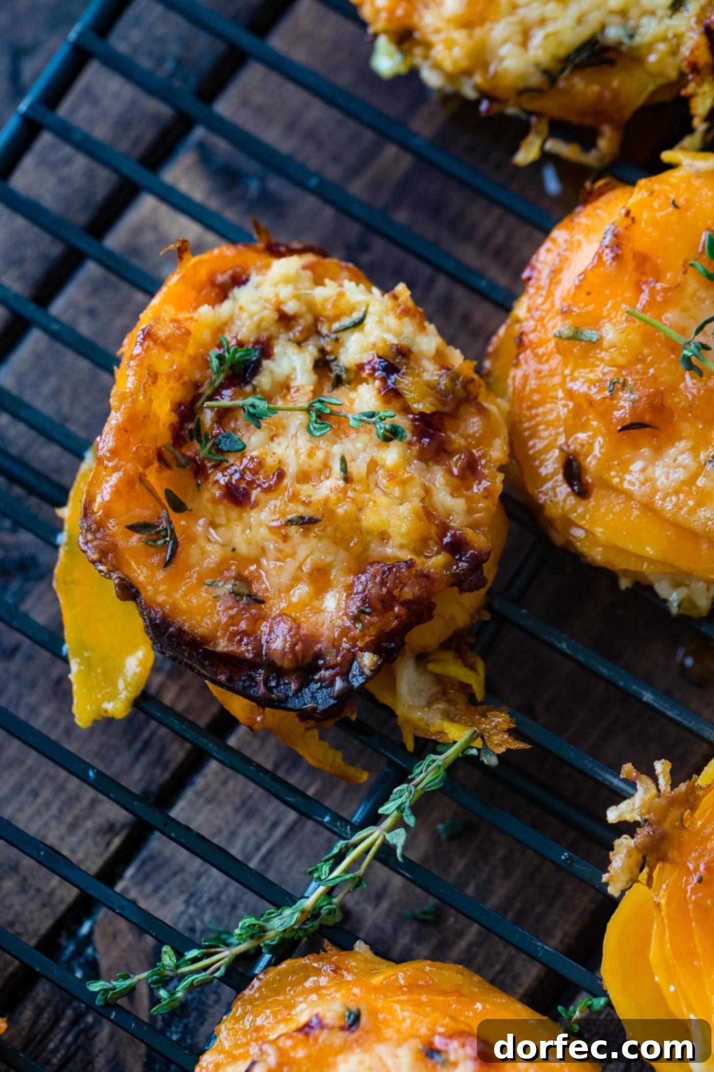 Cheesy Gruyere Sweet Potato Stacks A photo of a sweet potato stack sitting on a wire cooling rack taken from above garnished with fresh time.