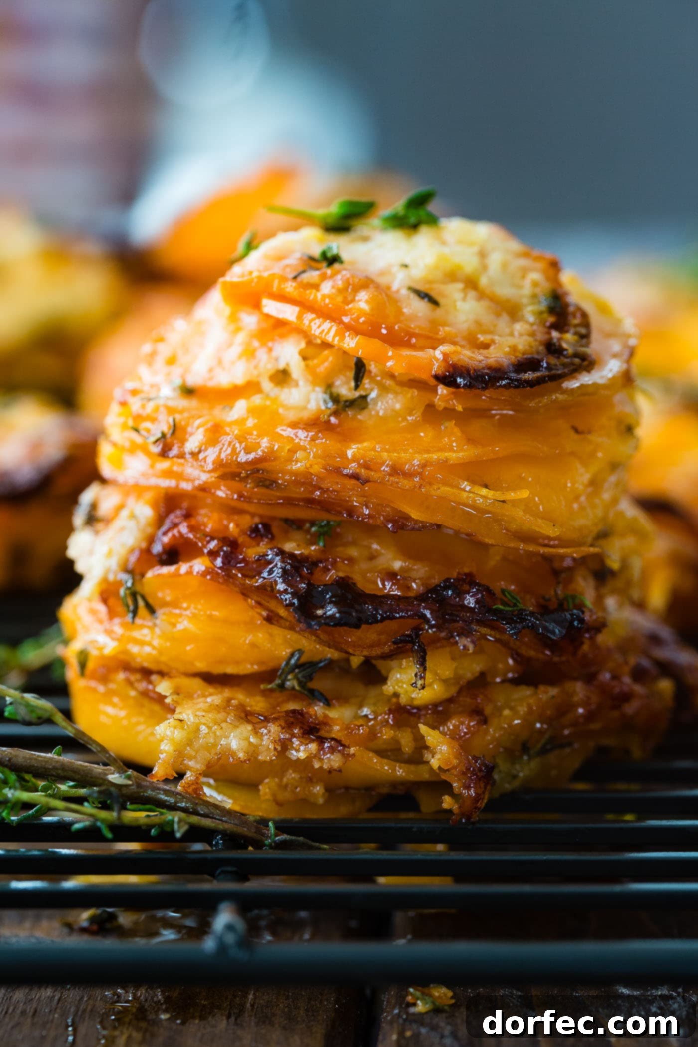 Cheesy Gruyere Sweet Potato Stacks A photo of a stack of thinly sliced sweet potatoes layered with gruyere and parmesan cheese and topped with fresh thyme.