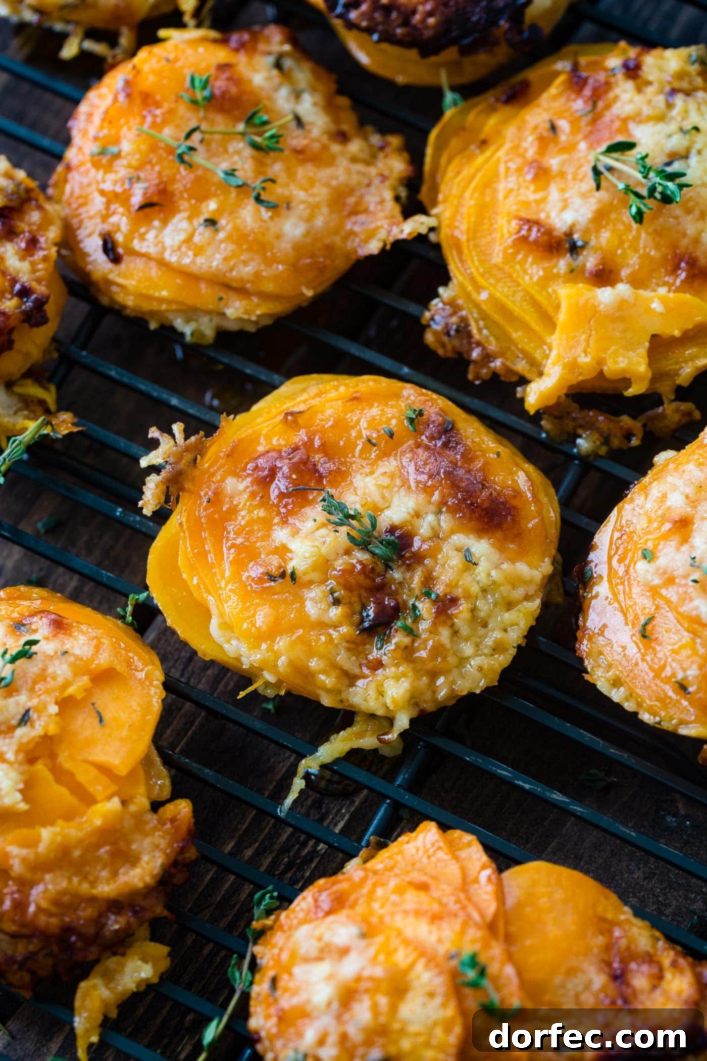 Cheesy Gruyere Sweet Potato Stacks A photo of a sweet potato stack sitting on a wire cooling rack taken from above garnished with fresh time.