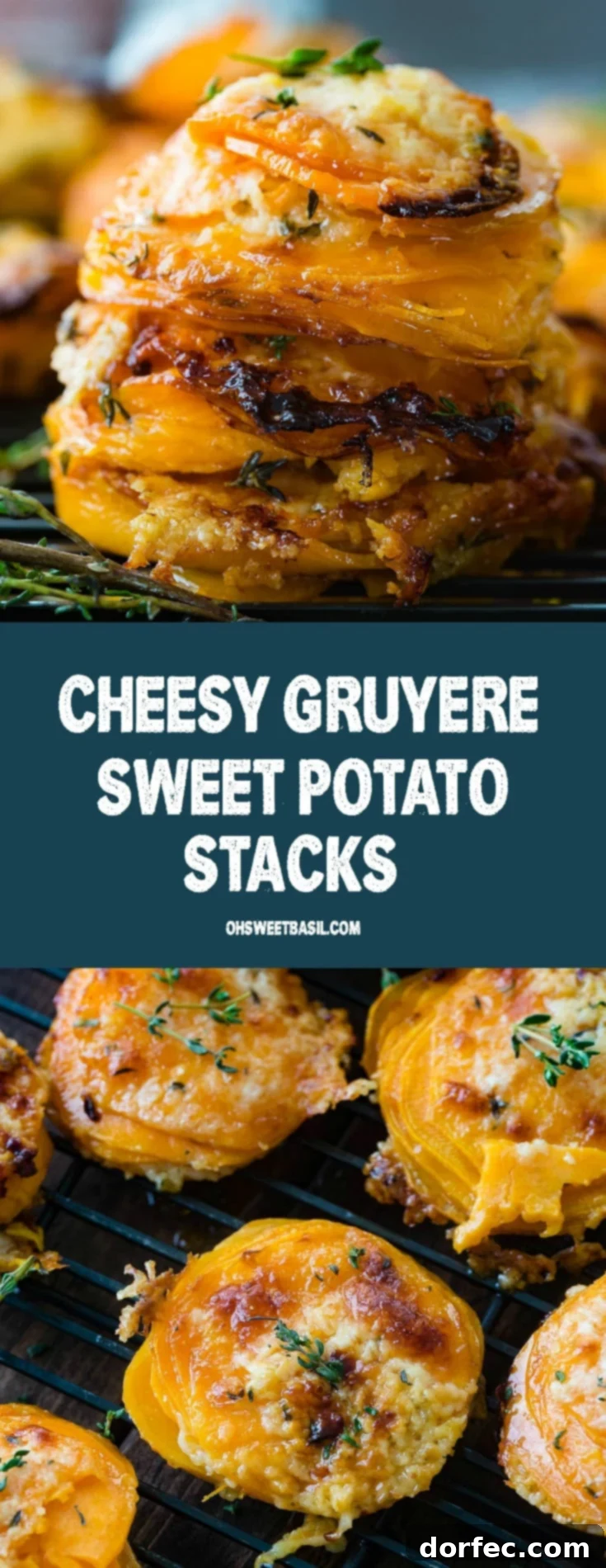 Golden Gruyere Sweet Potato Stacks 3 A photo of a stack of thinly sliced sweet potatoes layered with gruyere and parmesan cheese and topped with fresh thyme.