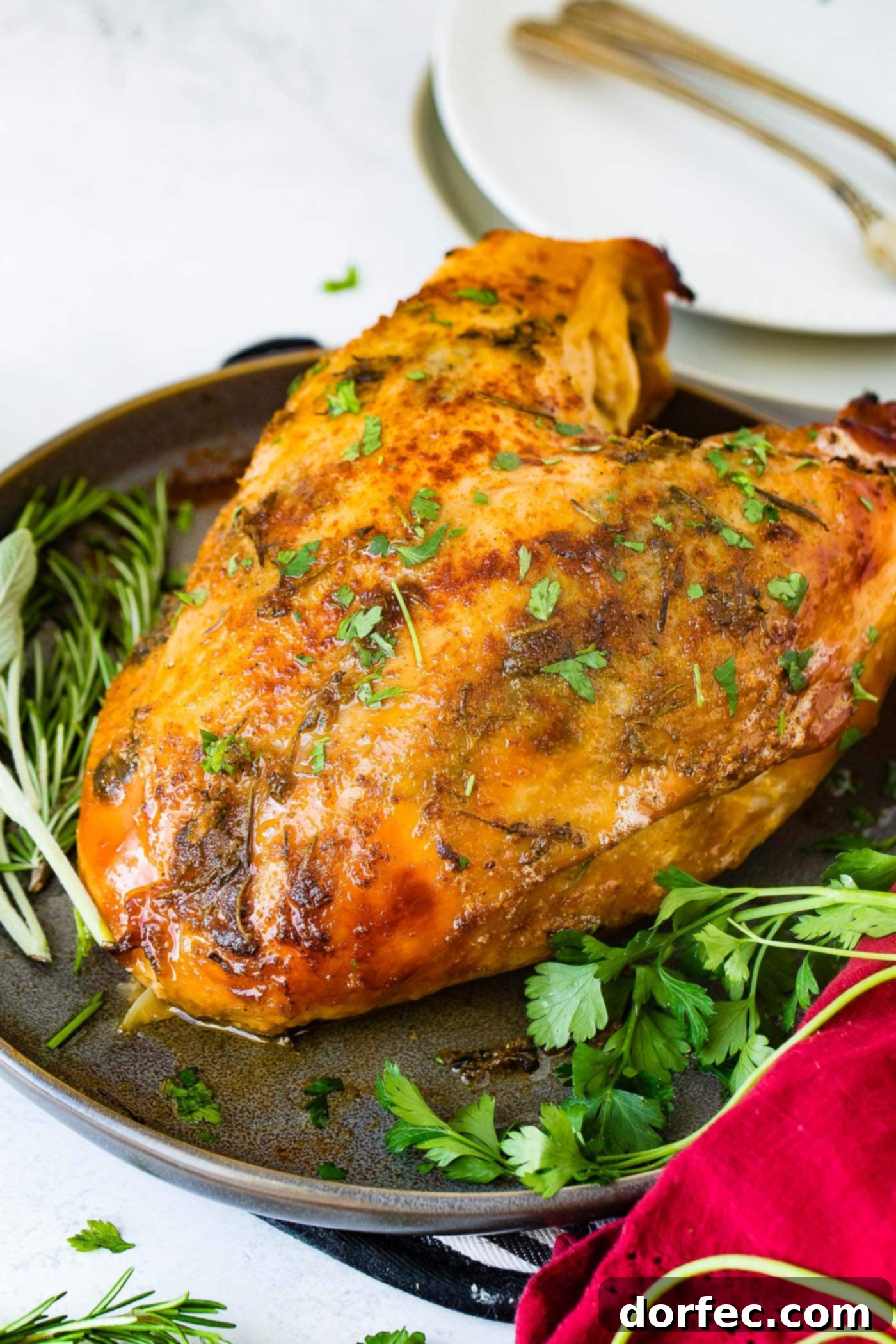 Melt-in-Your-Mouth Slow Cooker Turkey Breast Recipe 5 A double-breasted slow cooker turkey breast, perfectly golden and crispy after broiling, ready for carving.