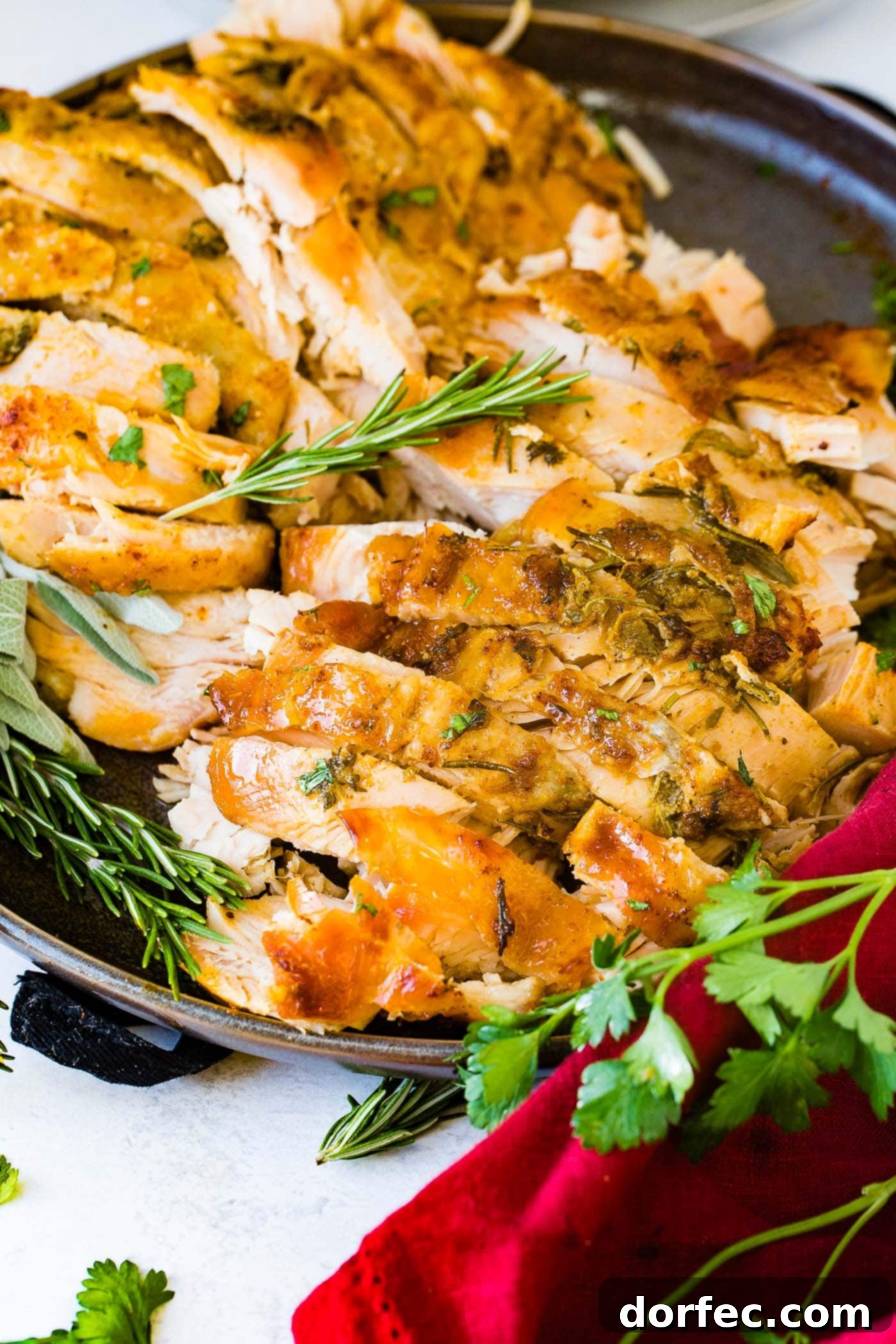 Melt-in-Your-Mouth Slow Cooker Turkey Breast Recipe 6 A photo of sliced juicy slow cooker turkey breast garnished with fresh herbs, showcasing its tenderness.