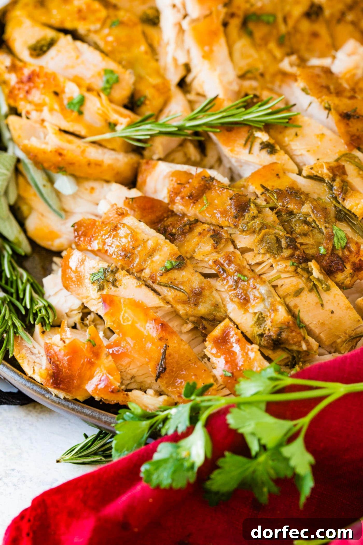 Melt-in-Your-Mouth Slow Cooker Turkey Breast Recipe 8 A photo of sliced juicy slow cooker turkey breast garnished with fresh herbs, ready for a close-up.