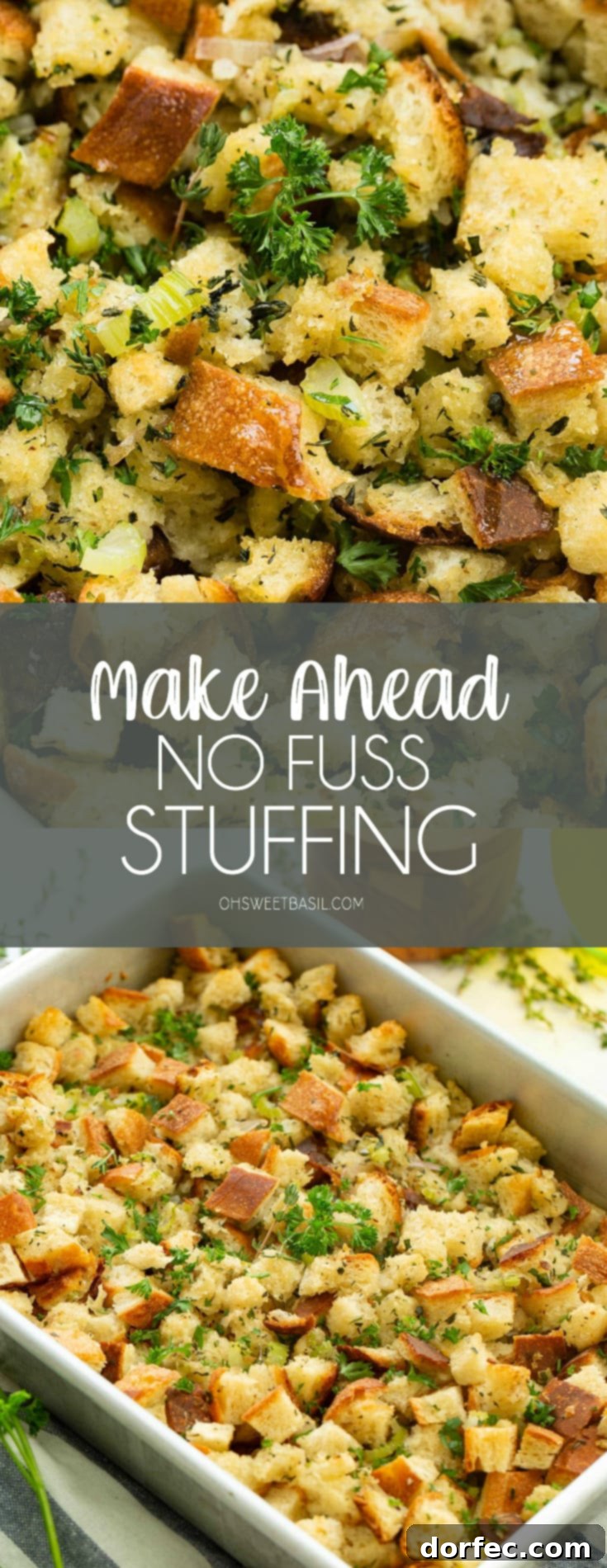 A photo of classic stuffing in a baking dish, perfectly cooked and ready to be served.