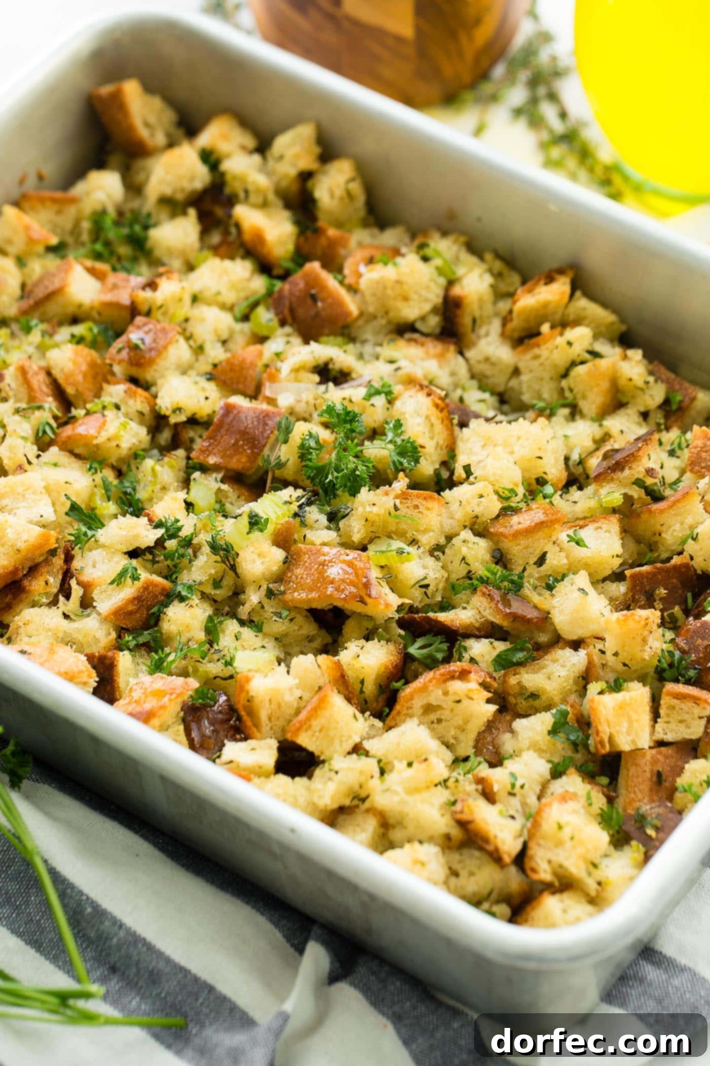 A photo of classic stuffing in a baking dish, a perfect accompaniment to any holiday feast.