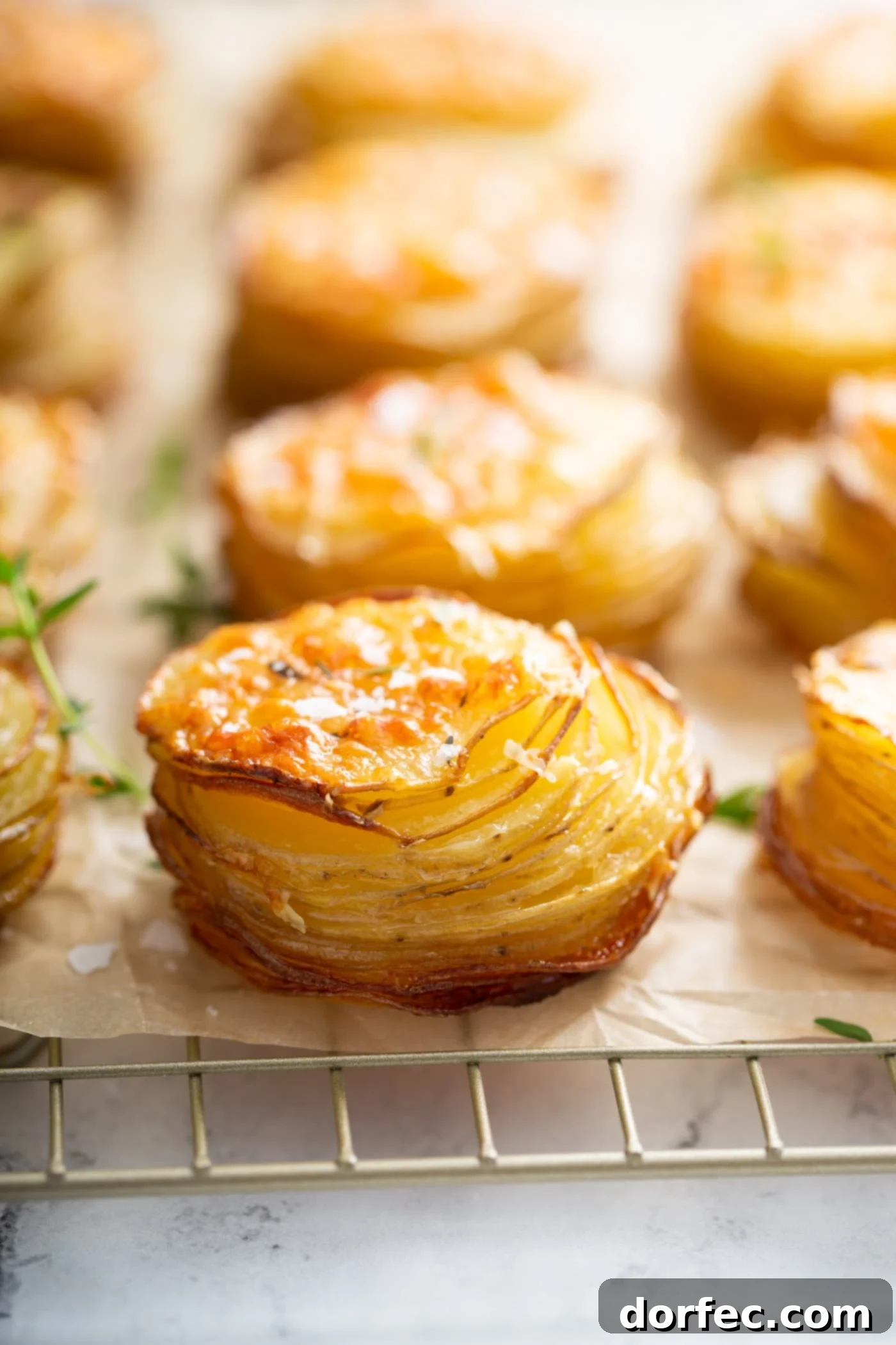 Gruyere potatoes baked to a golden brown sitting on a wooden cutting board.