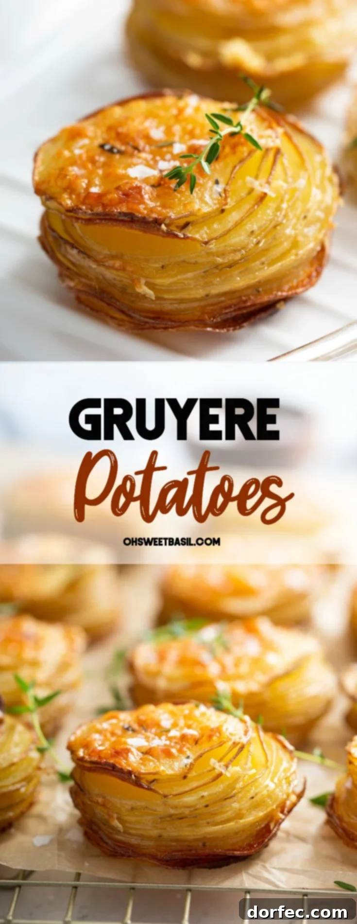 Two stacks of gruyere potatoes. They are shaped like muffins and they are baked to a golden brown.