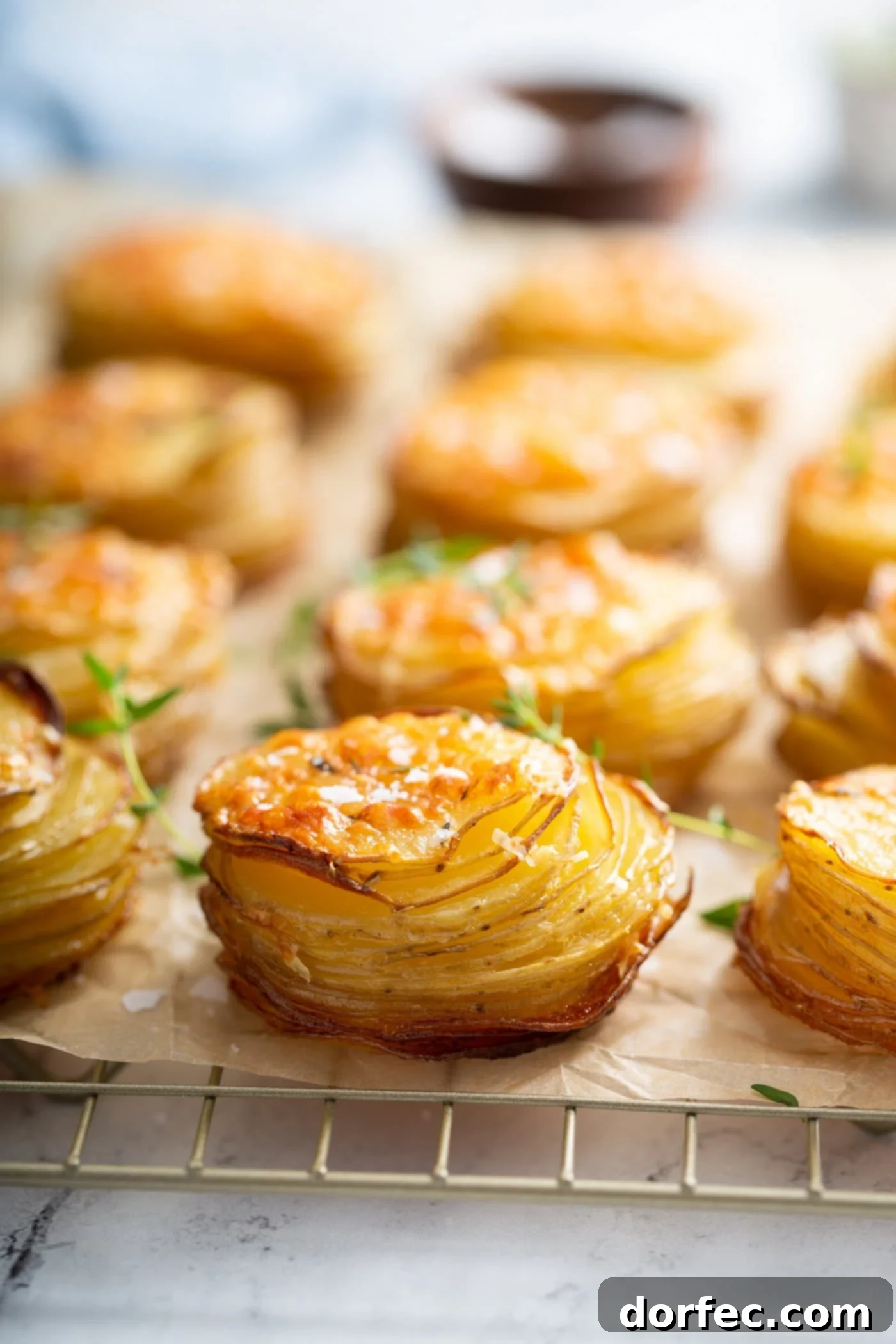 Gruyere potatoes that are baked to a golden brown sitting on parchment paper on a wire cooling rack.