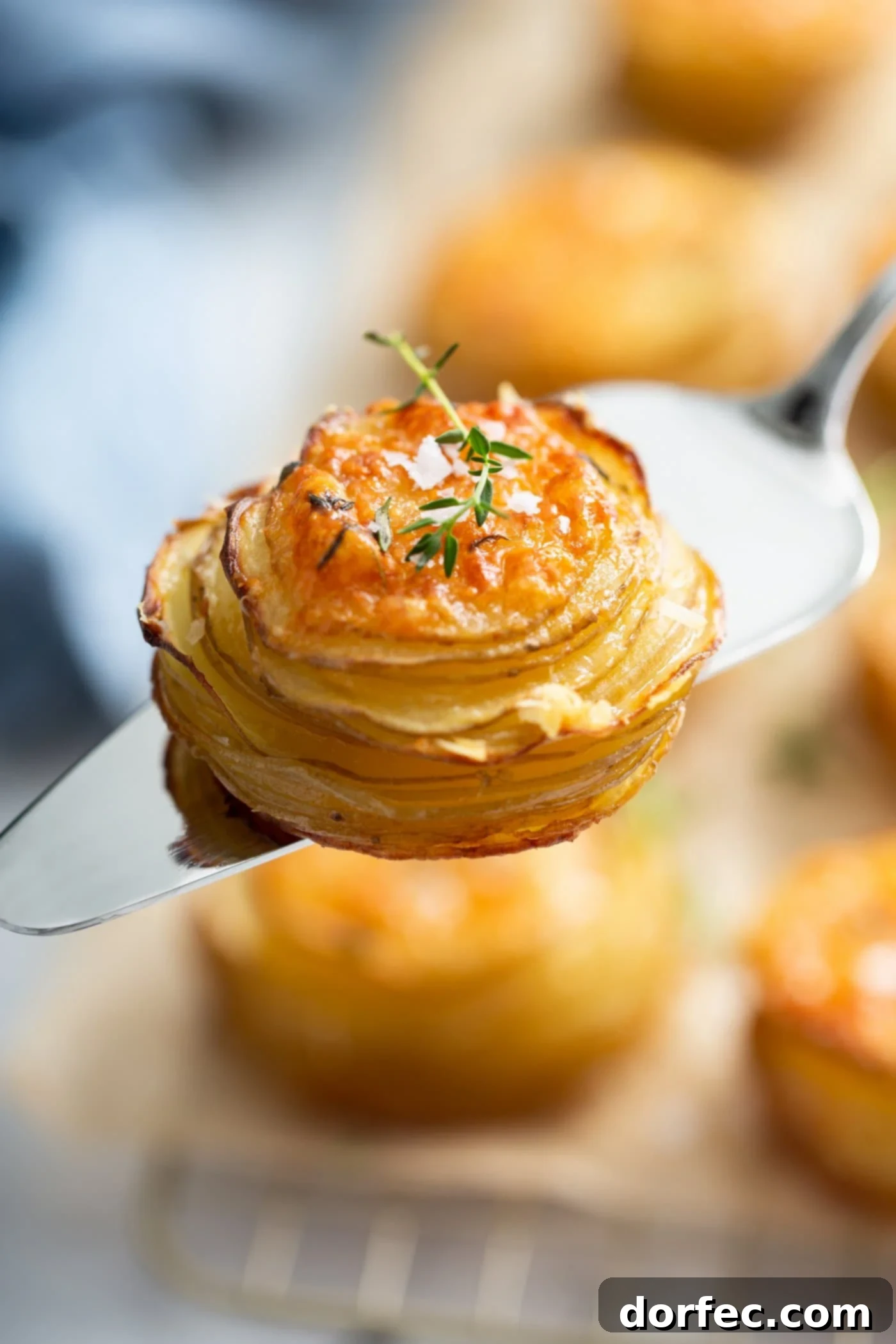 A stack of gruyere potatoes on a serving spatula. They are golden brown.