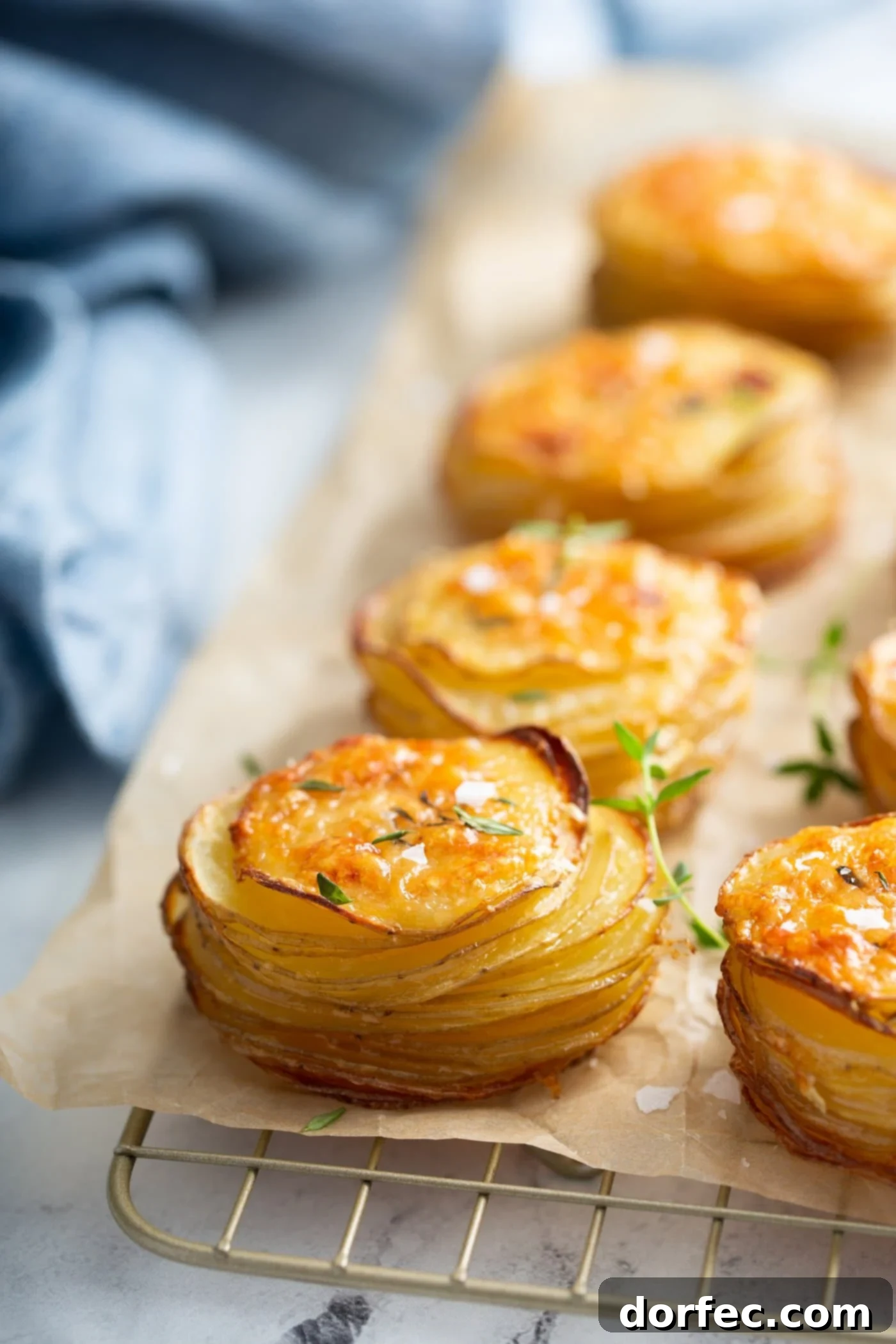 Slices of gruyere potatoes baked to a golden brown, sitting on a wooden cutting board.